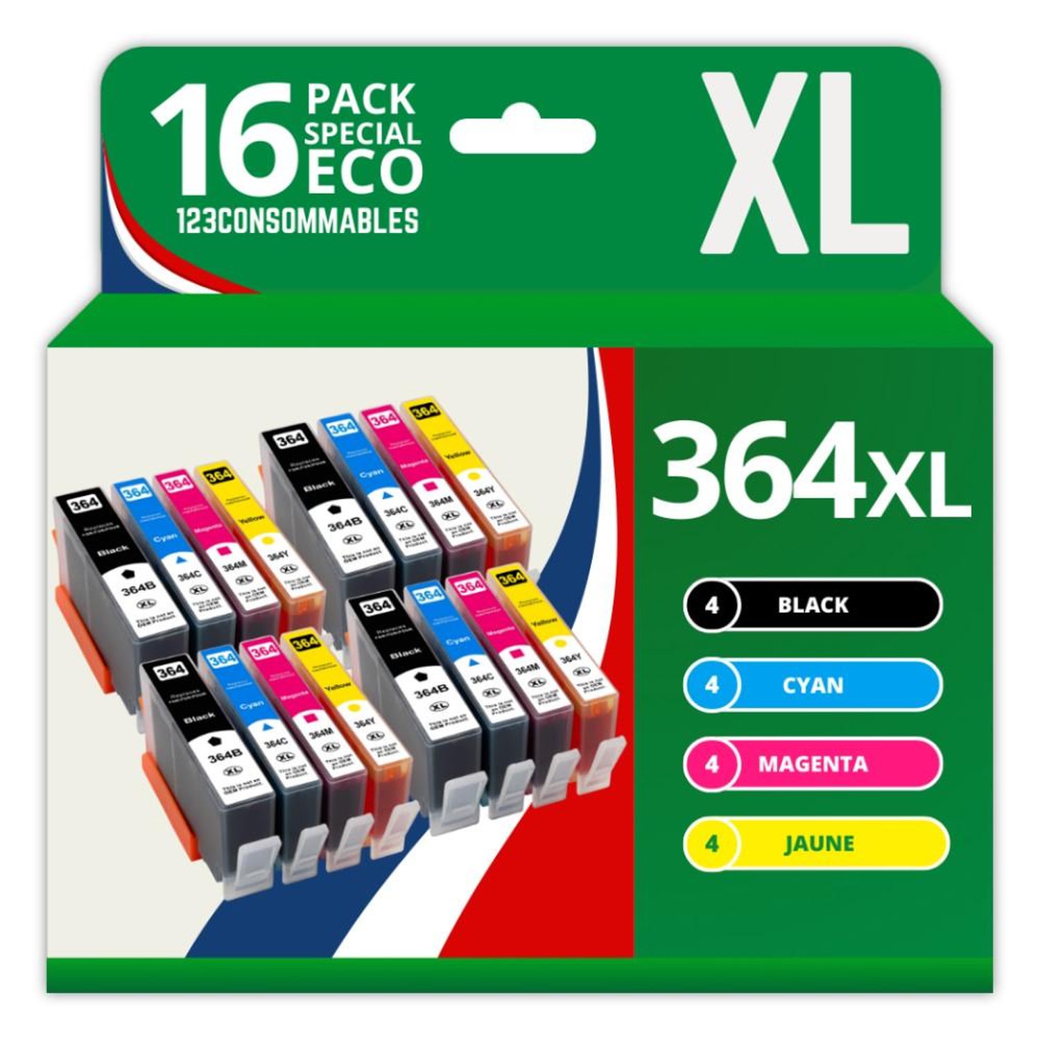 123CONSOMMABLES 364XL Cartouche compatible avec HP 364 d'encre Grande Capacité pour Photosmart 5510 5512 5515 5520 6510 6520 B110a B109a Deskjet 3520 Officejet 4620 4622 Pack de 16 Neuf - vue 3