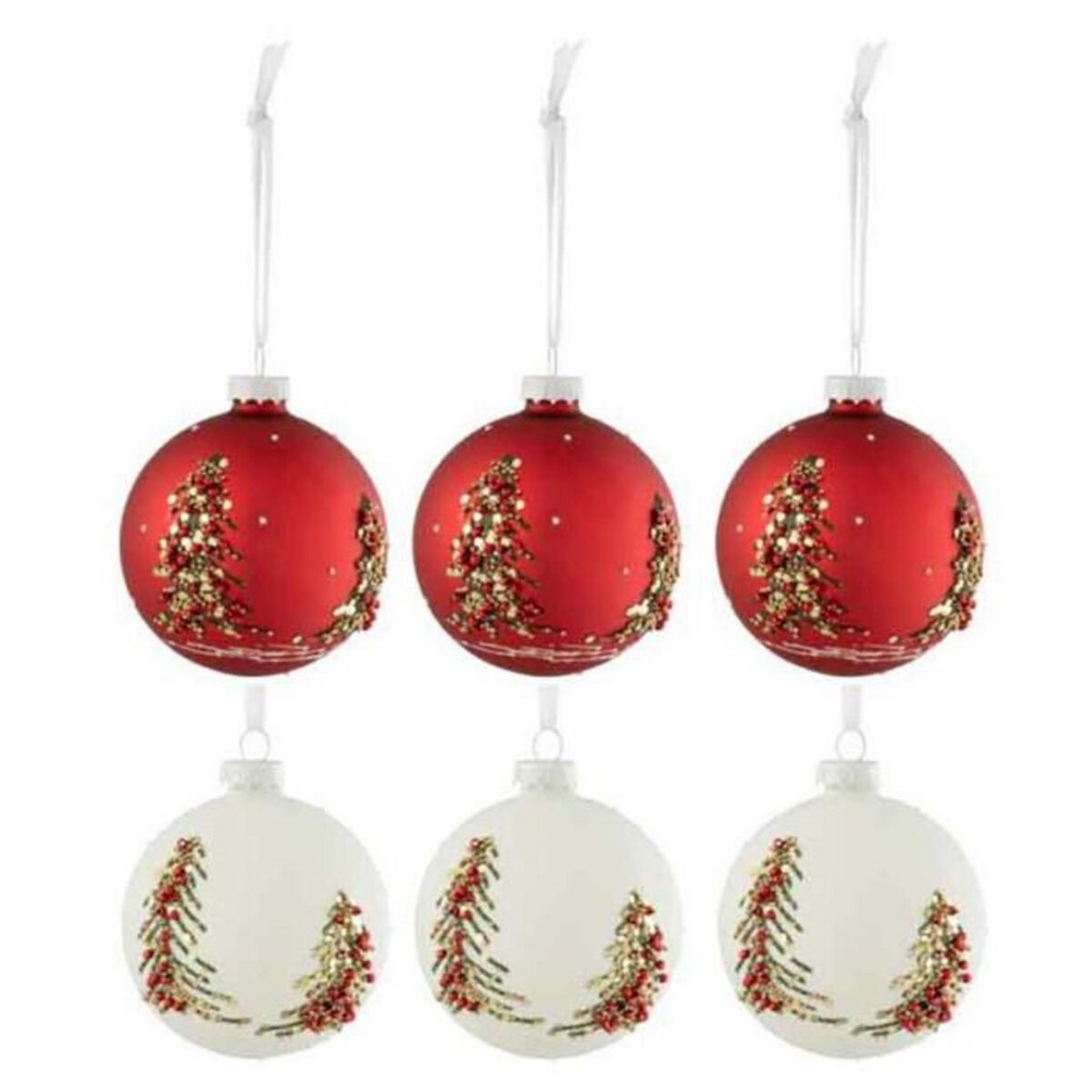 Paris Prix Lot de 6 Boules de Noël  Sapin Paillettes  8cm Blanc & Rouge