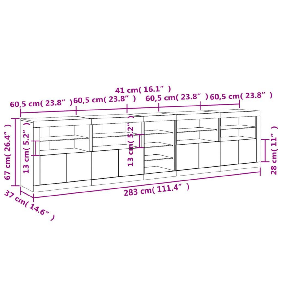 VIDAXL Buffet avec lumieres LED gris beton 283x37x67 cm