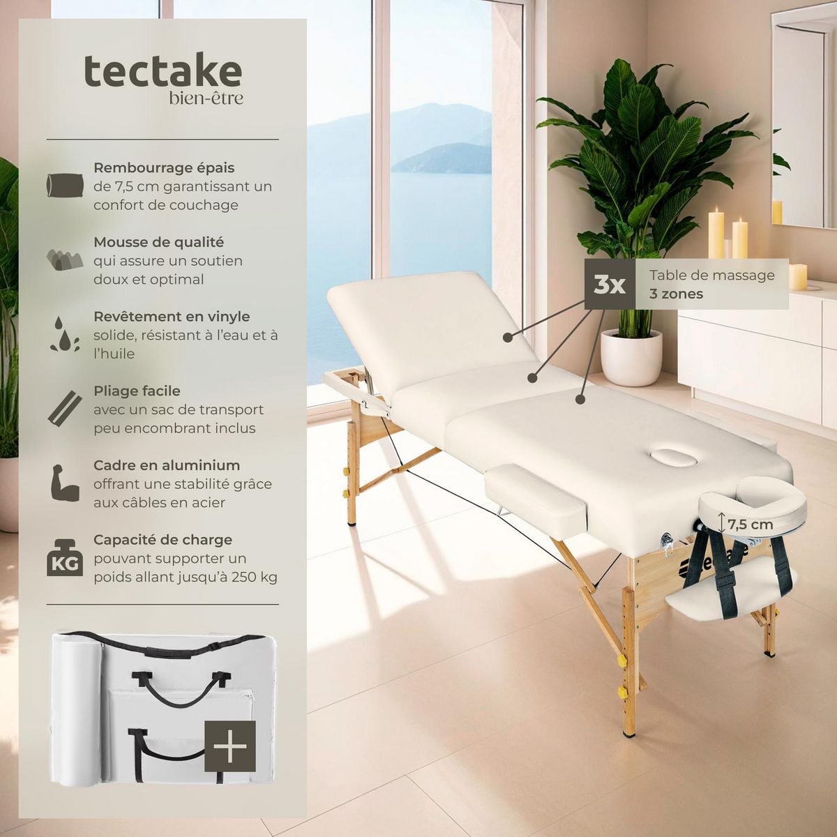 tectake Table de massage portable pliante à 3 zones largeur 70 cm, rembourrage 7,5 cm beige