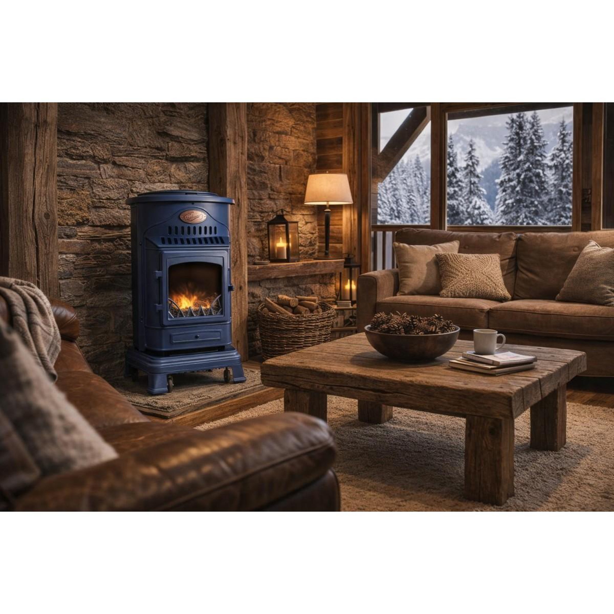 Voir la diapositive 6 : SAHARA Poêle à gaz 3,4kw fonte véritable – chauffage d'appoint design bleu saphir mat - effet feu de bois, sur roues provence sahara