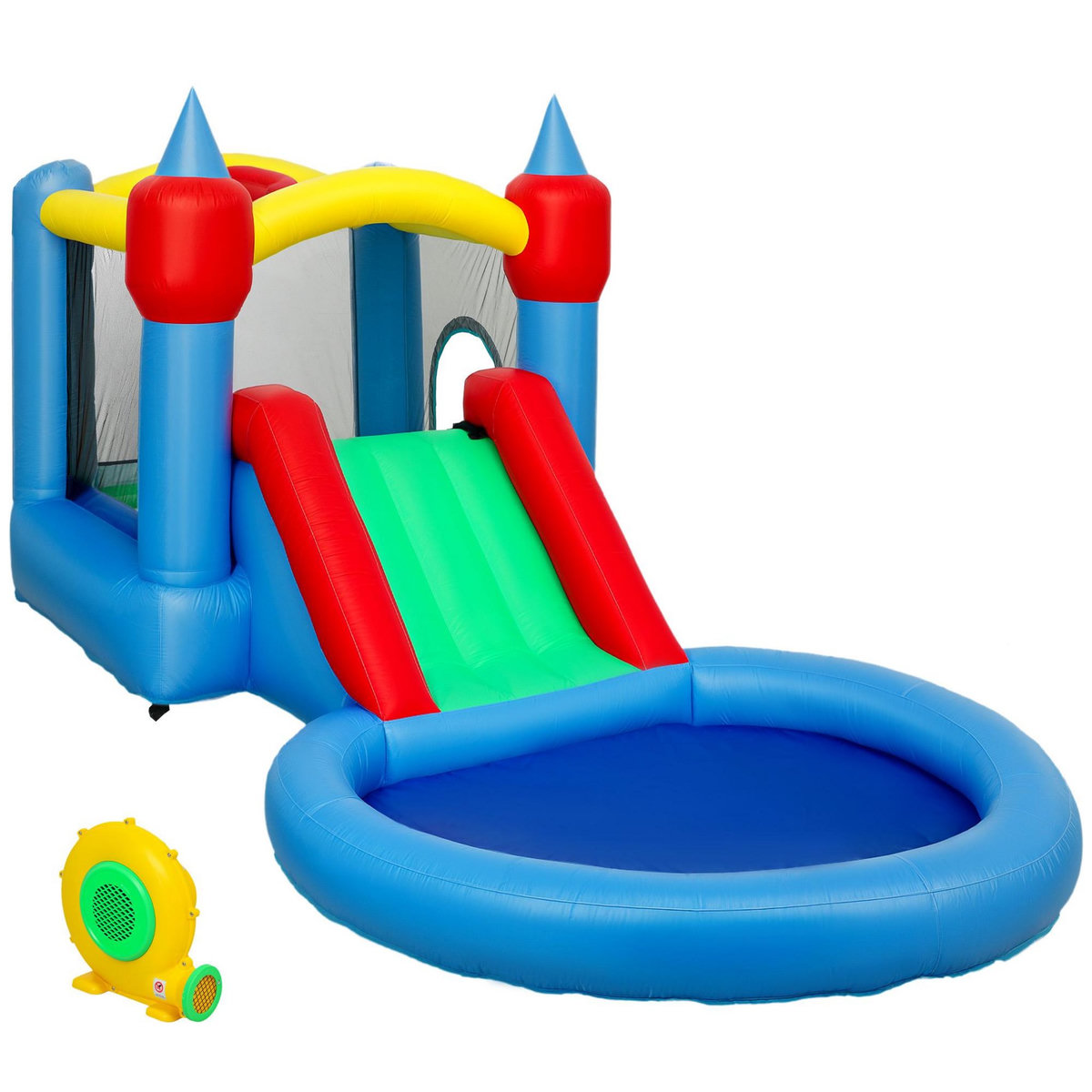 HOMCOM Château gonflable enfant 4 en 1 - toboggan, trampoline, panier basket-ball, piscine - nombreux accesoires