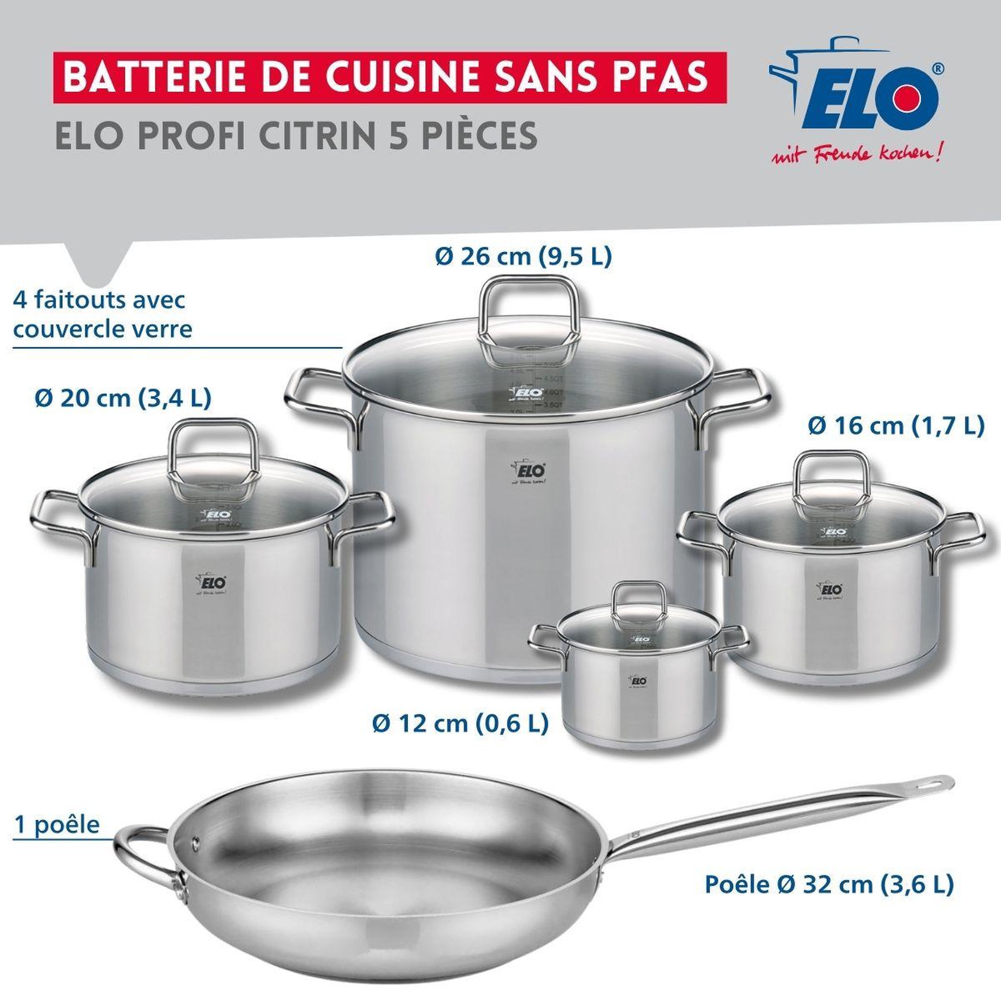 Voir la diapositive 2 : ELO Set de 1 poêle de cuisson 32 cm et 4 faitouts 12, 16, 20 et 26 cm elo profi citrin