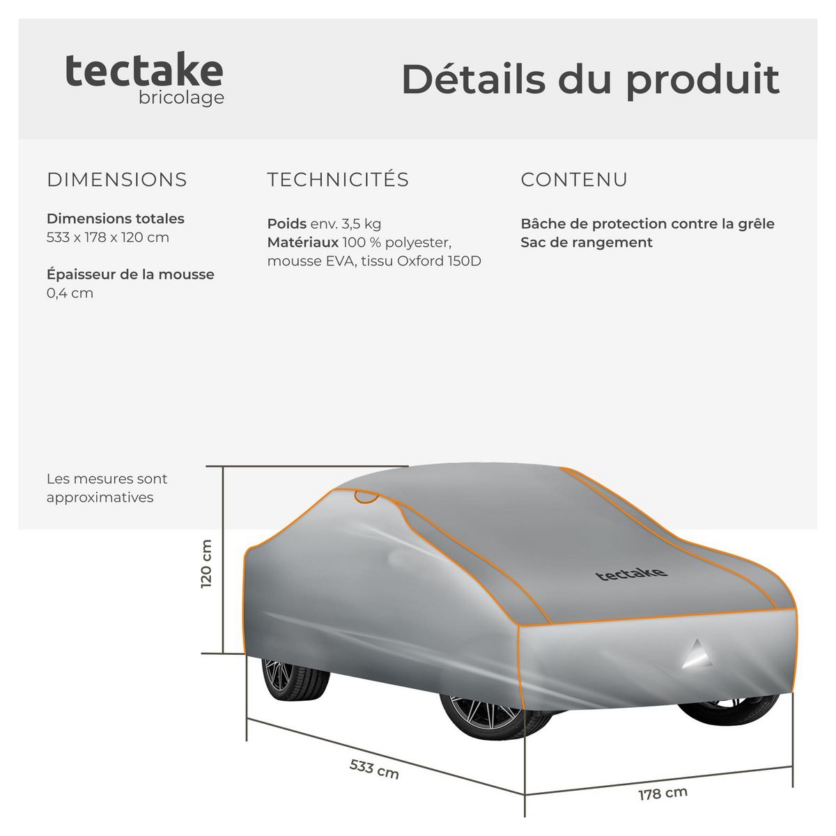 tectake Bâche de voiture imperméable et respirante avec couche en mousse de 4 mm gris XL (533 x 178 x 120 cm)