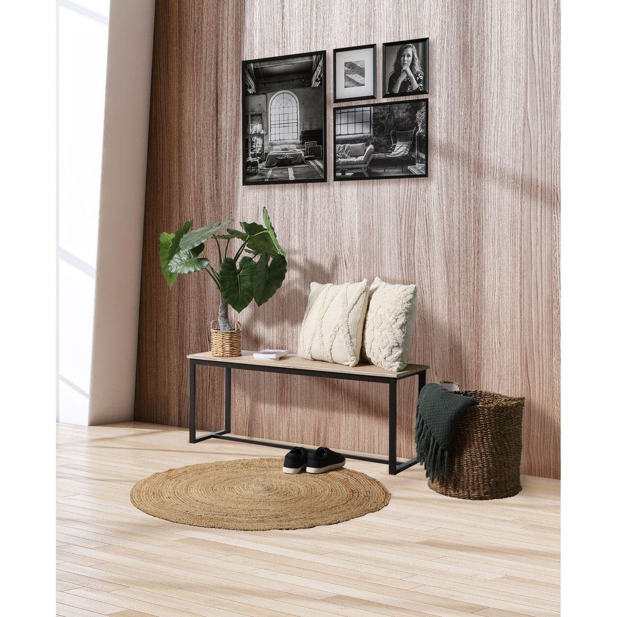 TOILINUX Banc d'intérieur Dock en MDF et Métal - H.45cm x L.120 cm - Beige et Noir