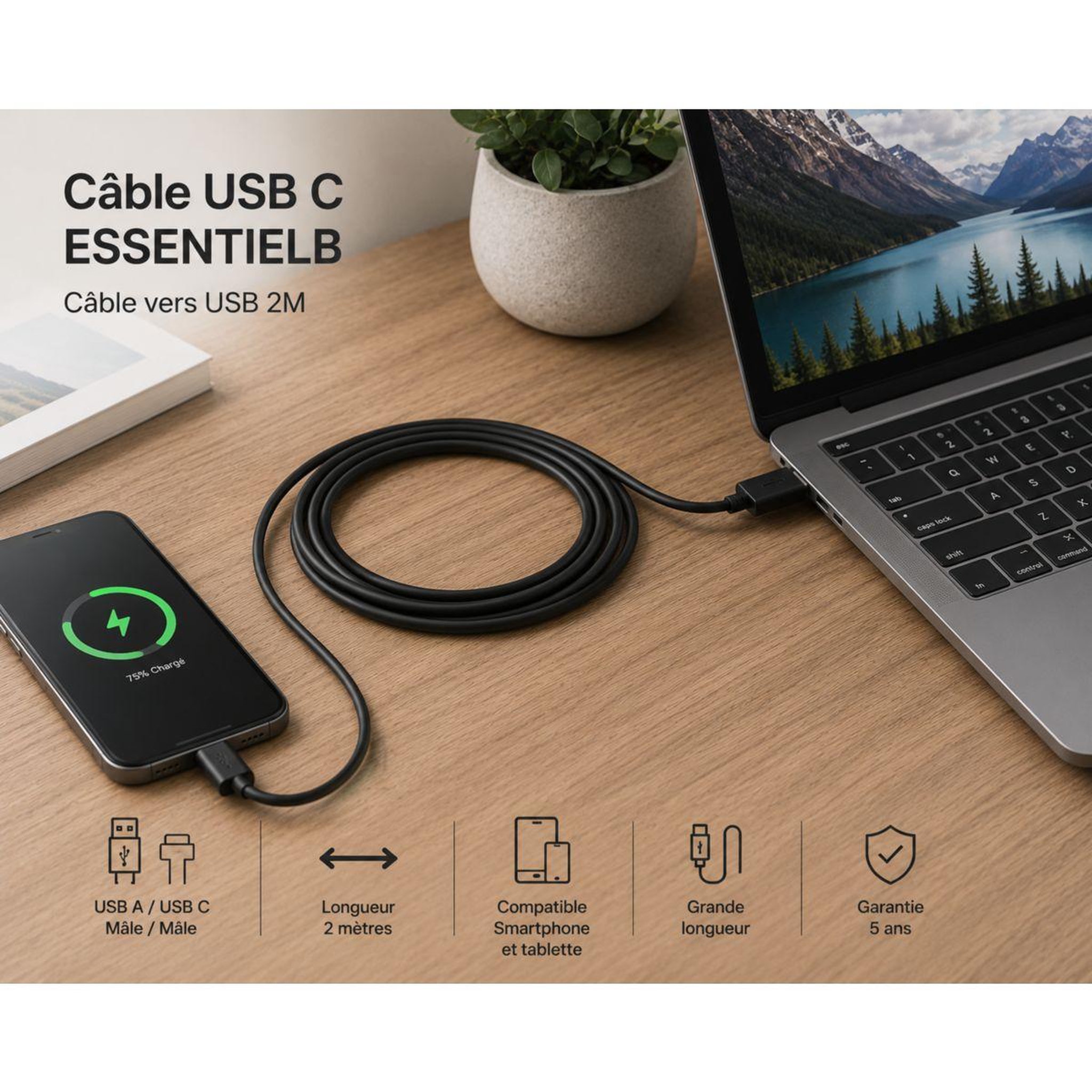 Voir la diapositive 2 : ESSENTIEL B Câble usb c câble vers usb 2m noir compatible iphone 17 16 15 pro max, samsung galaxy s25 s24 ultra