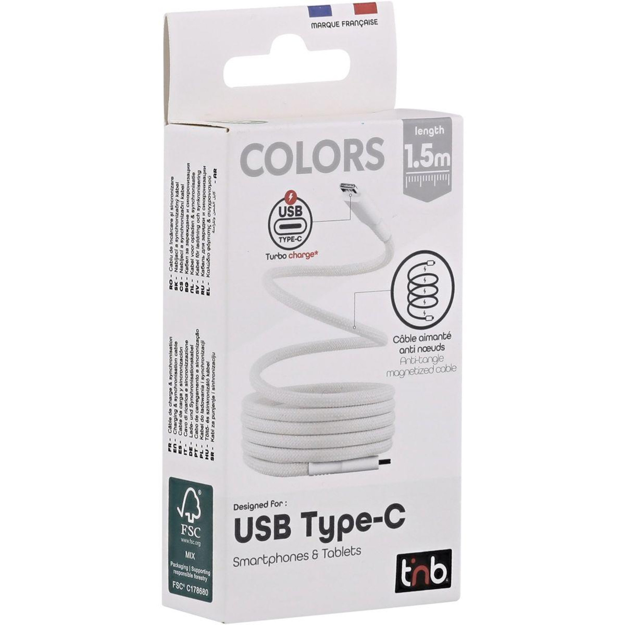 Voir la diapositive 3 : TNB Câble de charge usb-c/usb-c 1.5m gaine aimantée blanc