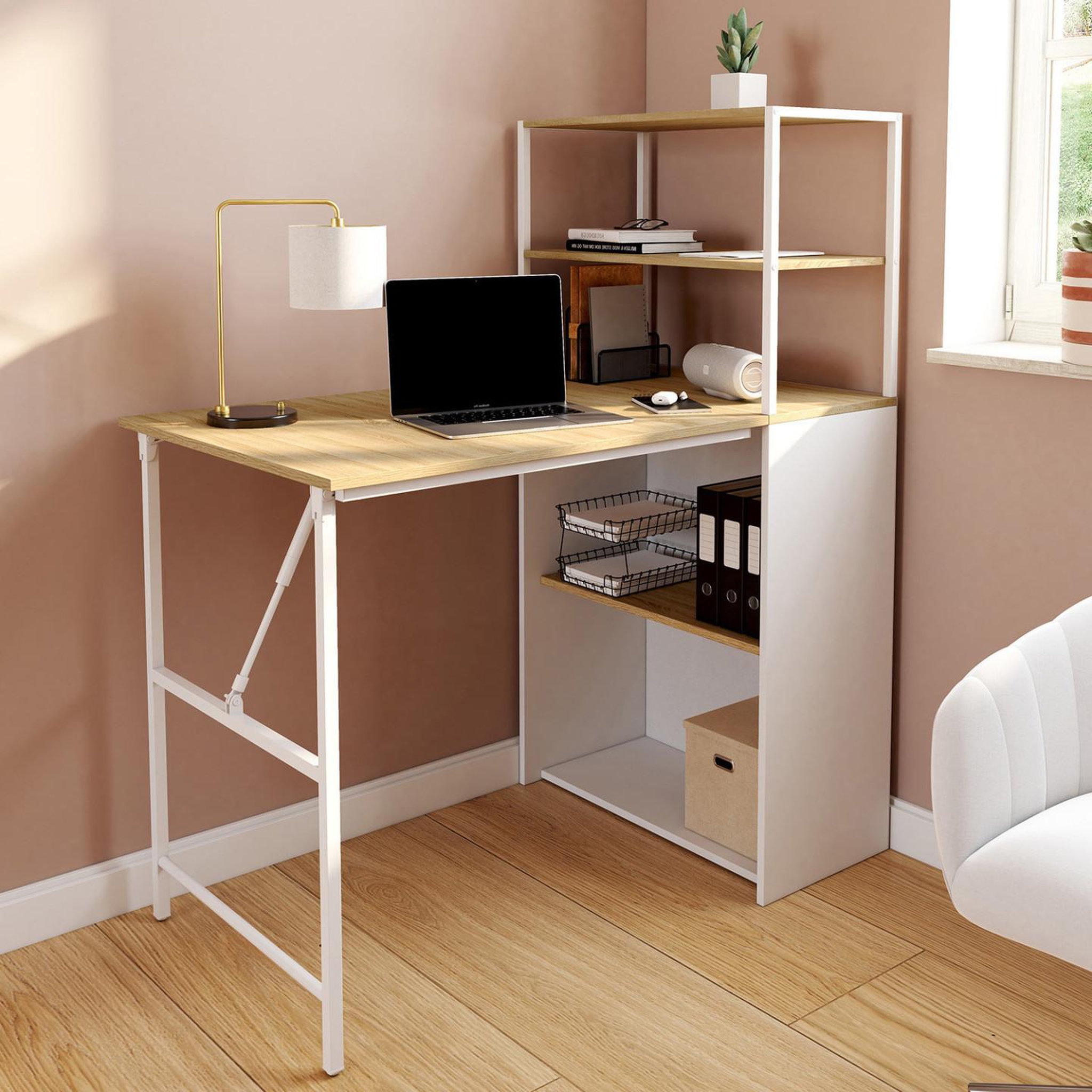 Voir la diapositive 2 : ID MARKET Bureau bibliothèque pliable ray plateau rabattable bois façon hêtre et blanc
