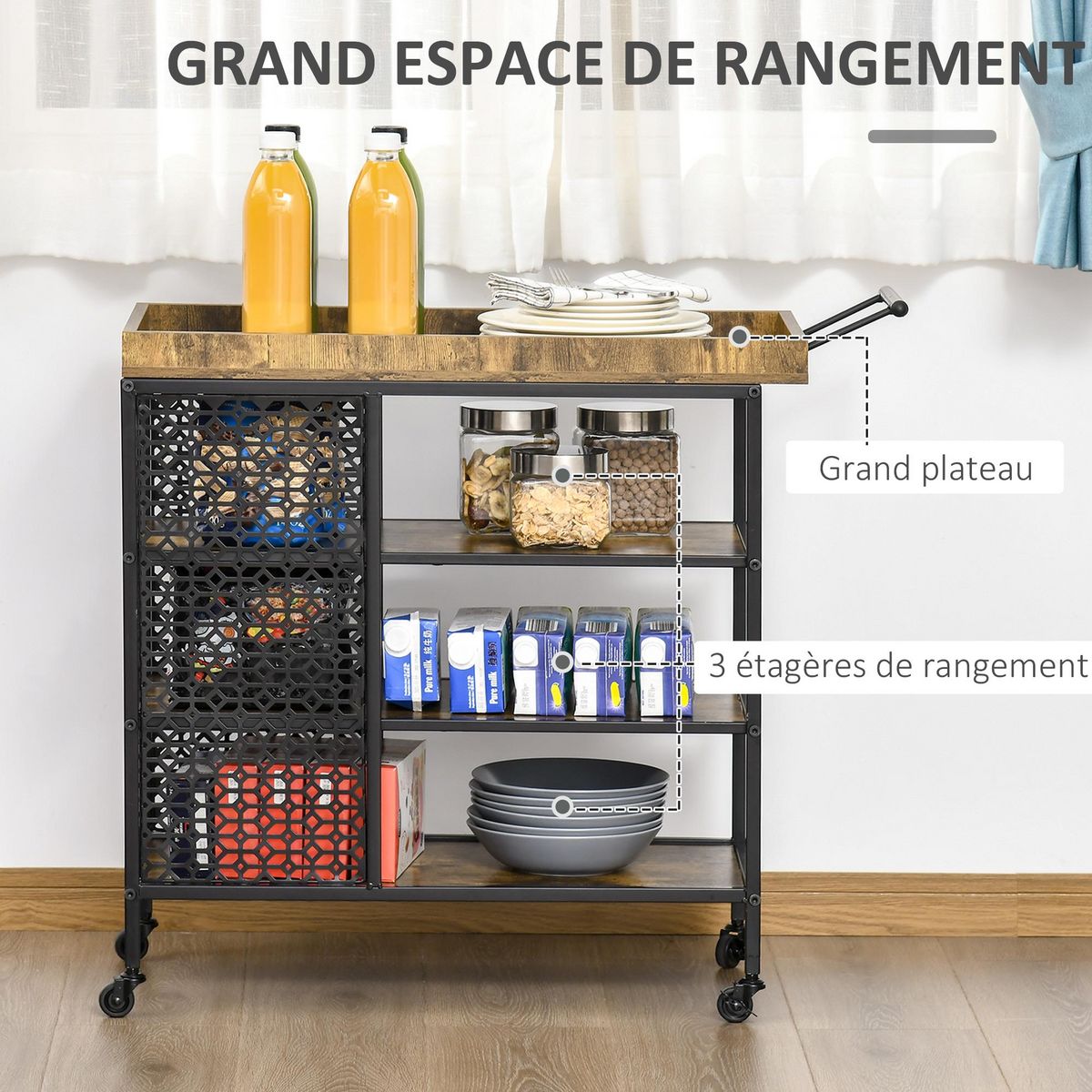 HOMCOM HOMCOM Desserte Vintage style industriel - chariot de service 3 étagères et plateau à rebord - châssis métal noir avec parois ajourées et poignée - MDF aspect bois vieilli