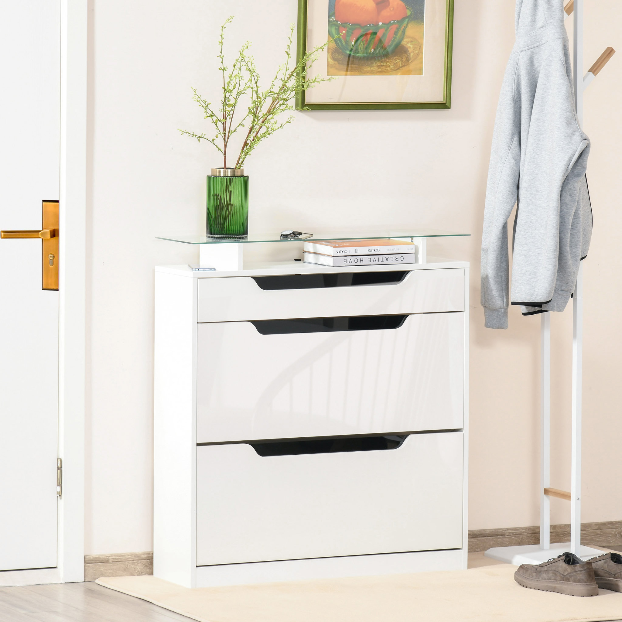 Voir la diapositive 2 : HOMCOM Armoire à chaussures avec 2 tiroirs rabattables + 1 tiroir coulissant + 1 comptoir et 1 plateau en verre étagère réglable sur 2 niveaux 89 x 23 x 96 cm blanc