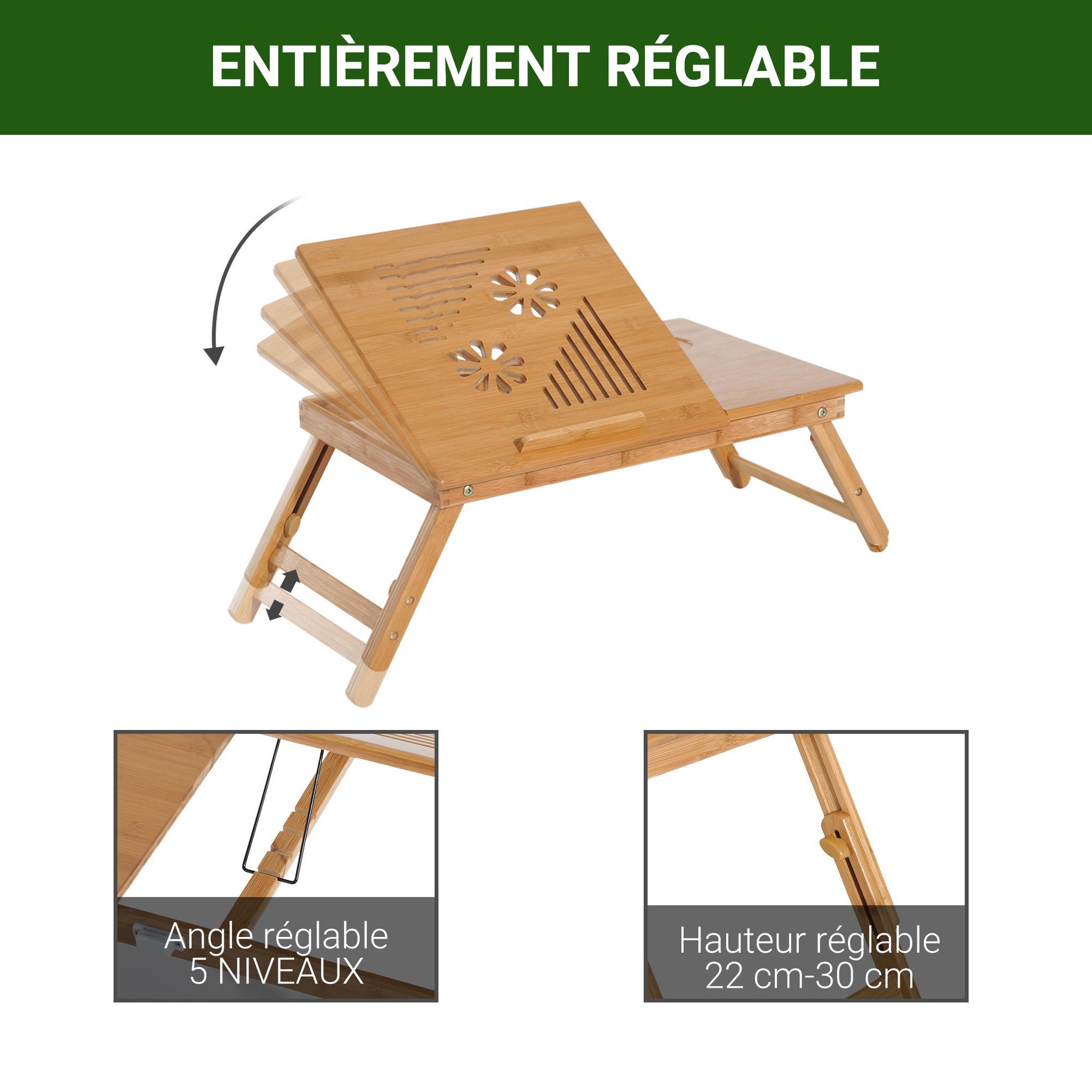 Voir la diapositive 6 : HOMCOM Table de lit pour ordinateur pliable réglable tiroir évents cale porte-gobelet bambou verni