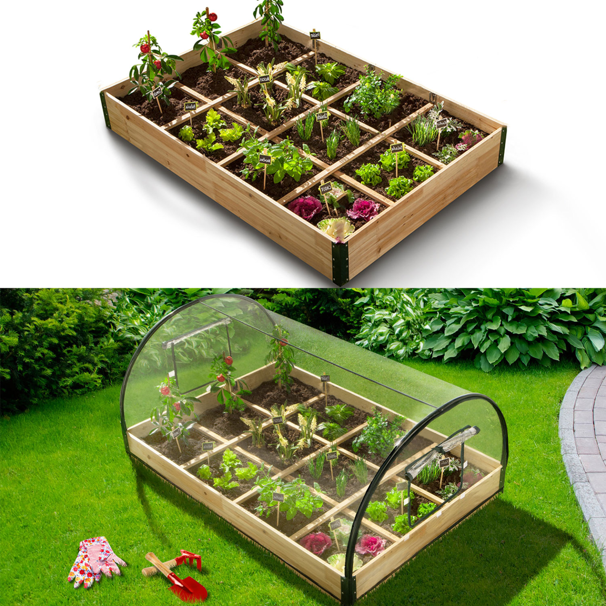 Voir la diapositive 5 : ID MARKET Lot de 2 carrés potager 1,15x0.80 m 12 compartiments + housses
