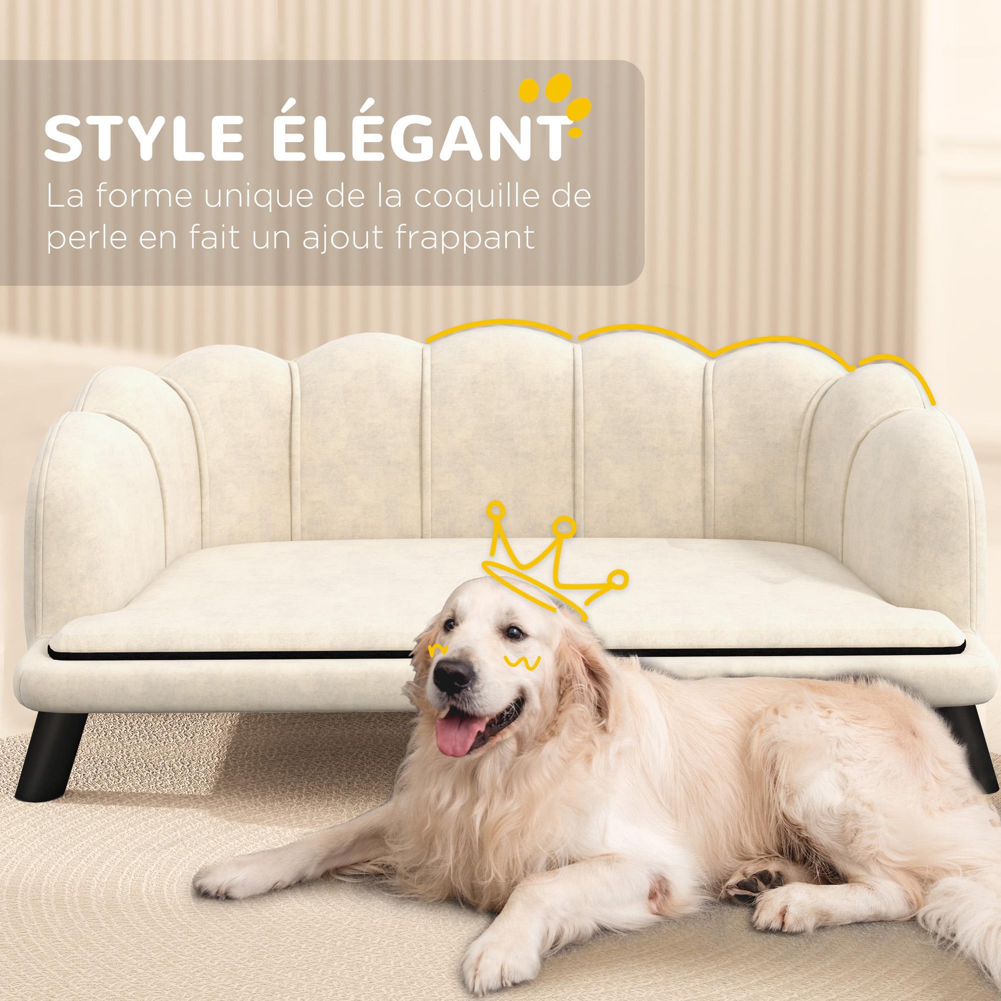 Voir la diapositive 6 : PAWHUT Canapé chien lit pour chien chat design contemporain coquillage dim. 98l x 60l x 35h cm coussin moelleux velours crème