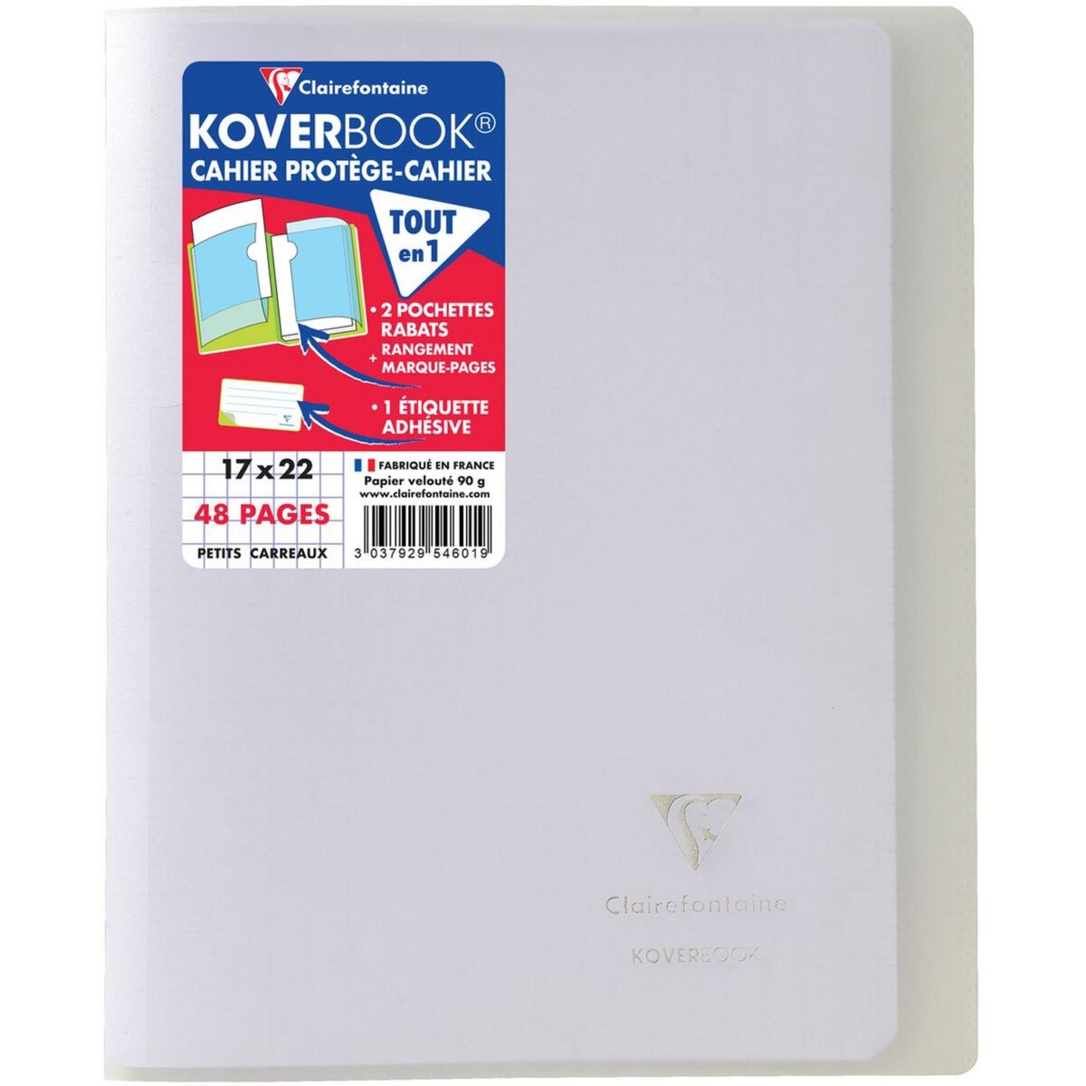 CLAIREFONTAINE Cahier piqué polypro Koverbook 17x22cm 48 pages petits carreaux 5x5 translucide blanc