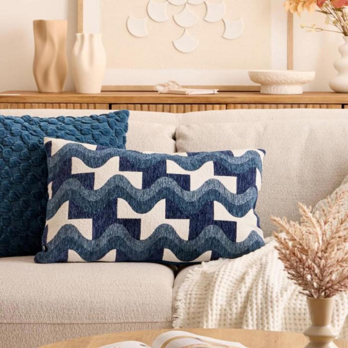 ATMOSPHERA Coussin en Jacquard Chenillé  Floe  38x58cm Bleu Égéen