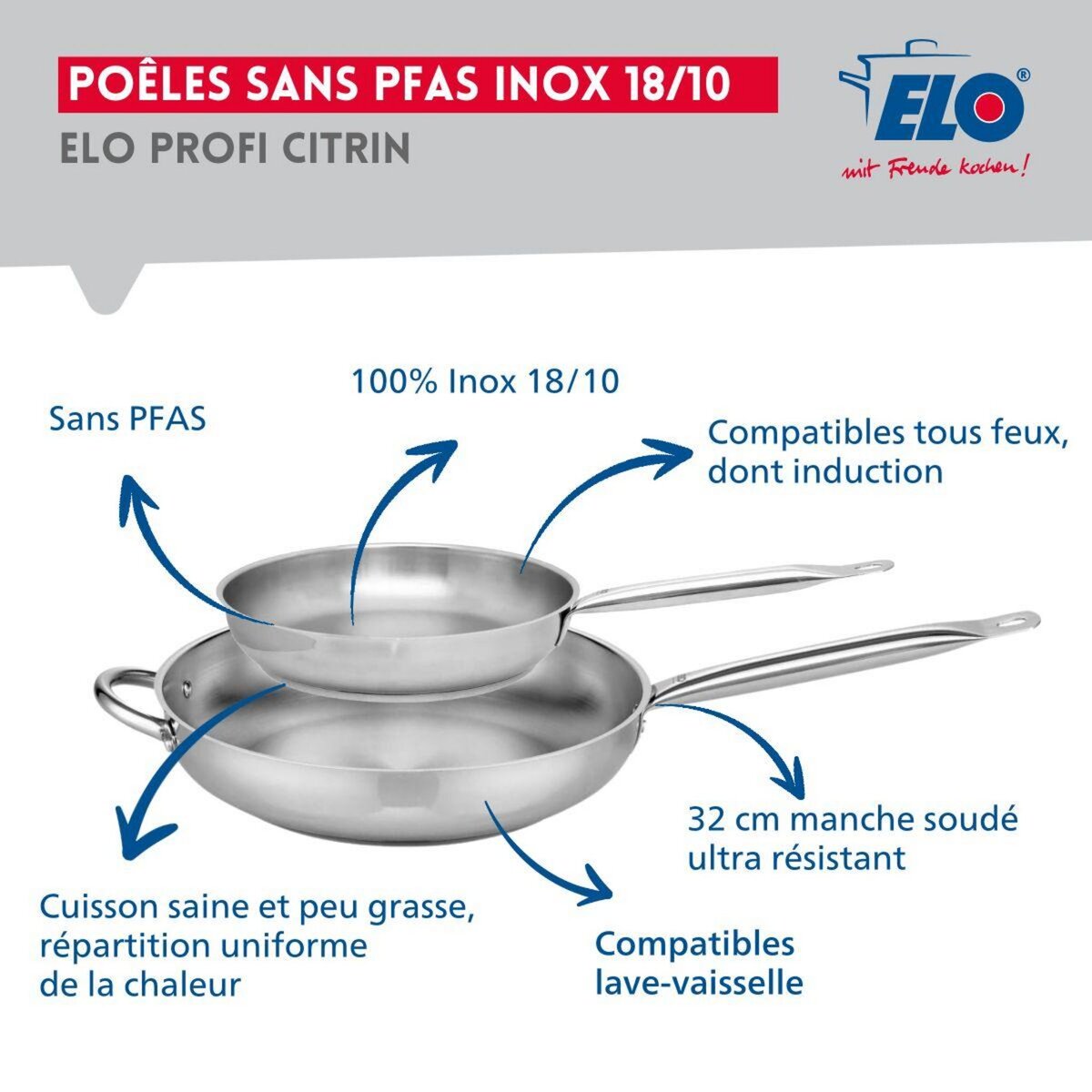 ELO Ensemble de 2 Poêles de cuisson 24 et 32 cm et 4 faitouts 12, 14, 16 et 20 cm Elo Profi Citrin
