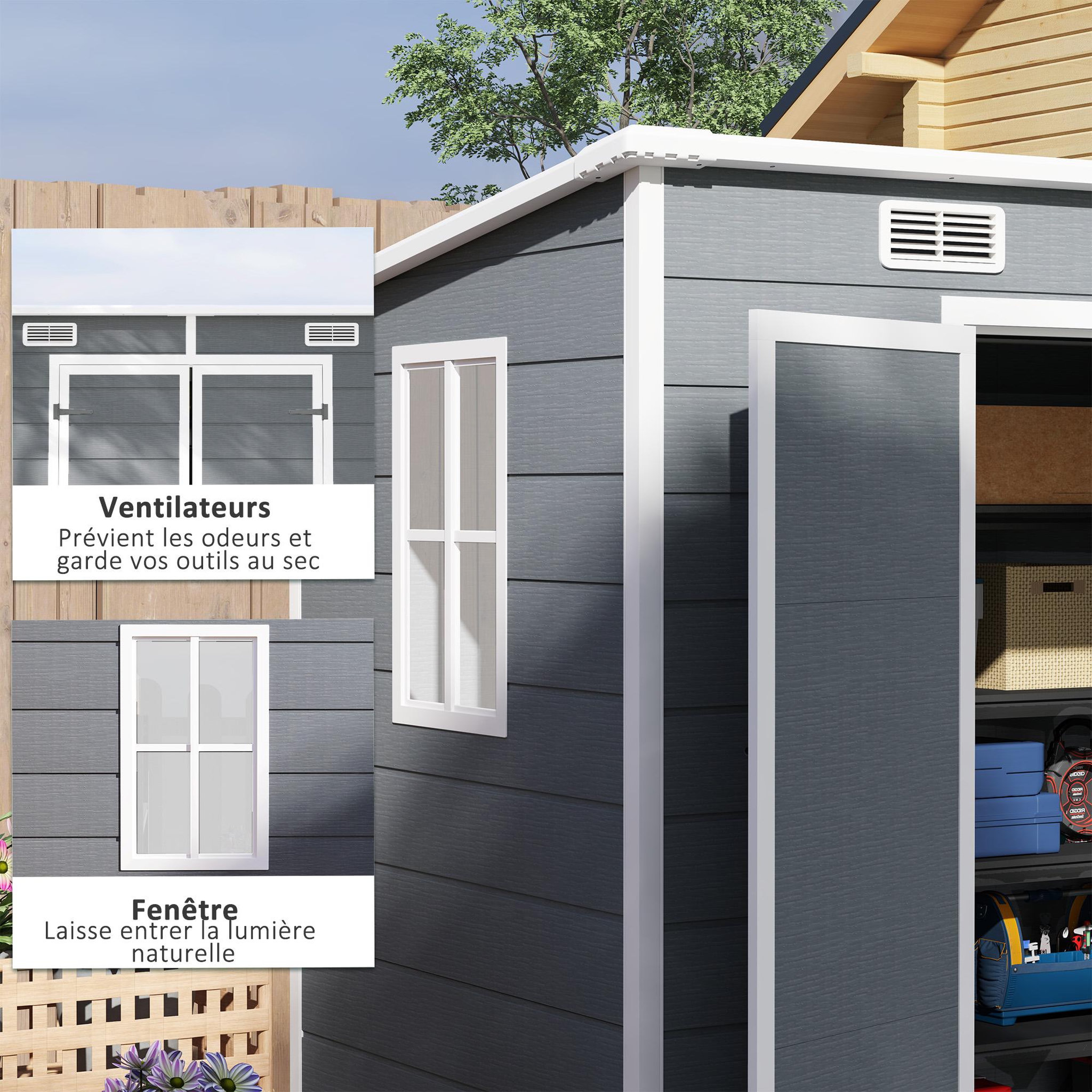 Voir la diapositive 6 : OUTSUNNY Abri de jardin 2,54 m² dim. 2,4 x 1,3 m - fondation incluse - fenêtre, 2 portes, aérations - alu PP gris blanc
