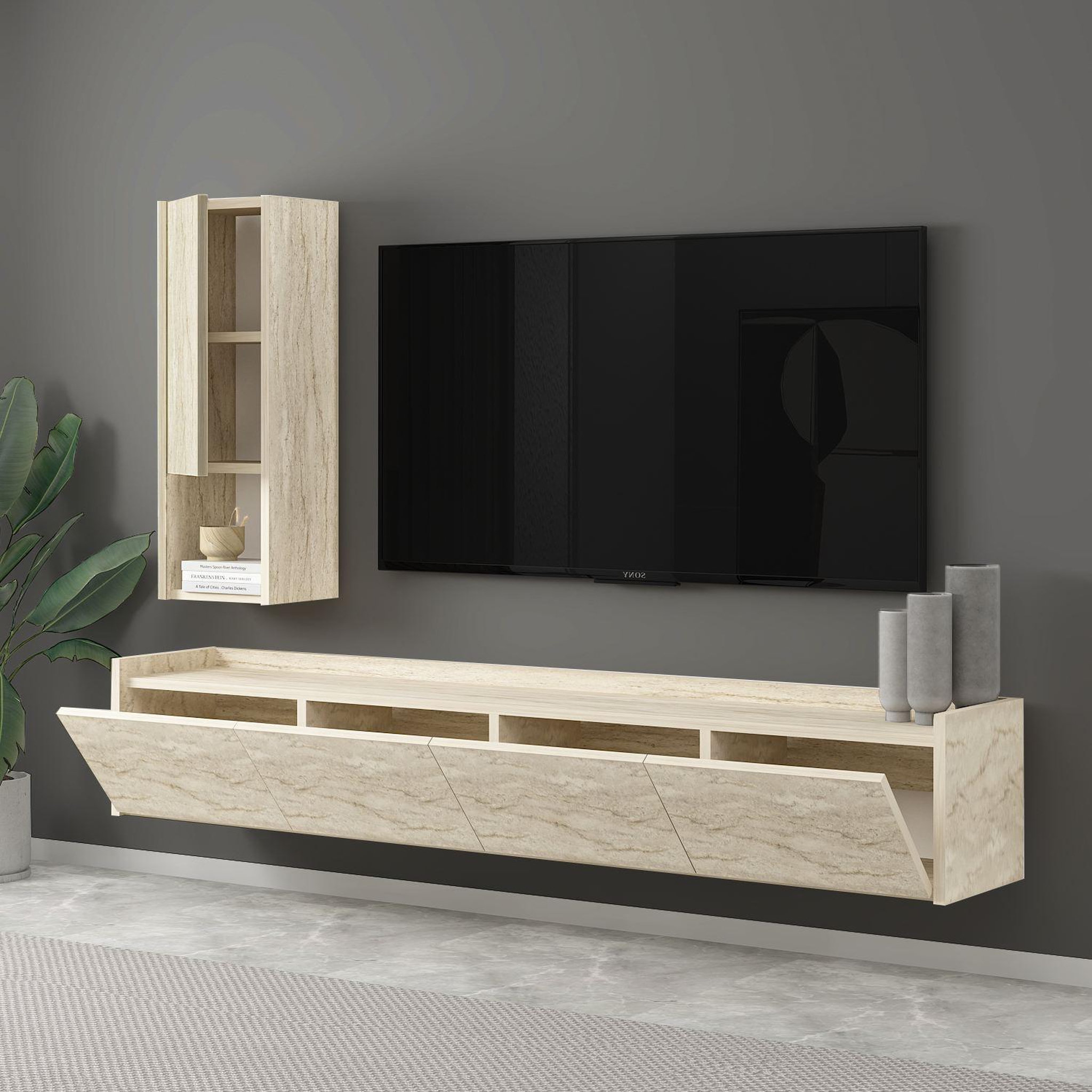 Voir la diapositive 4 : Habitat et Jardin Meuble tv avec étagère murale en bois  sema  - 160 x 30 x 35 cm - travertin