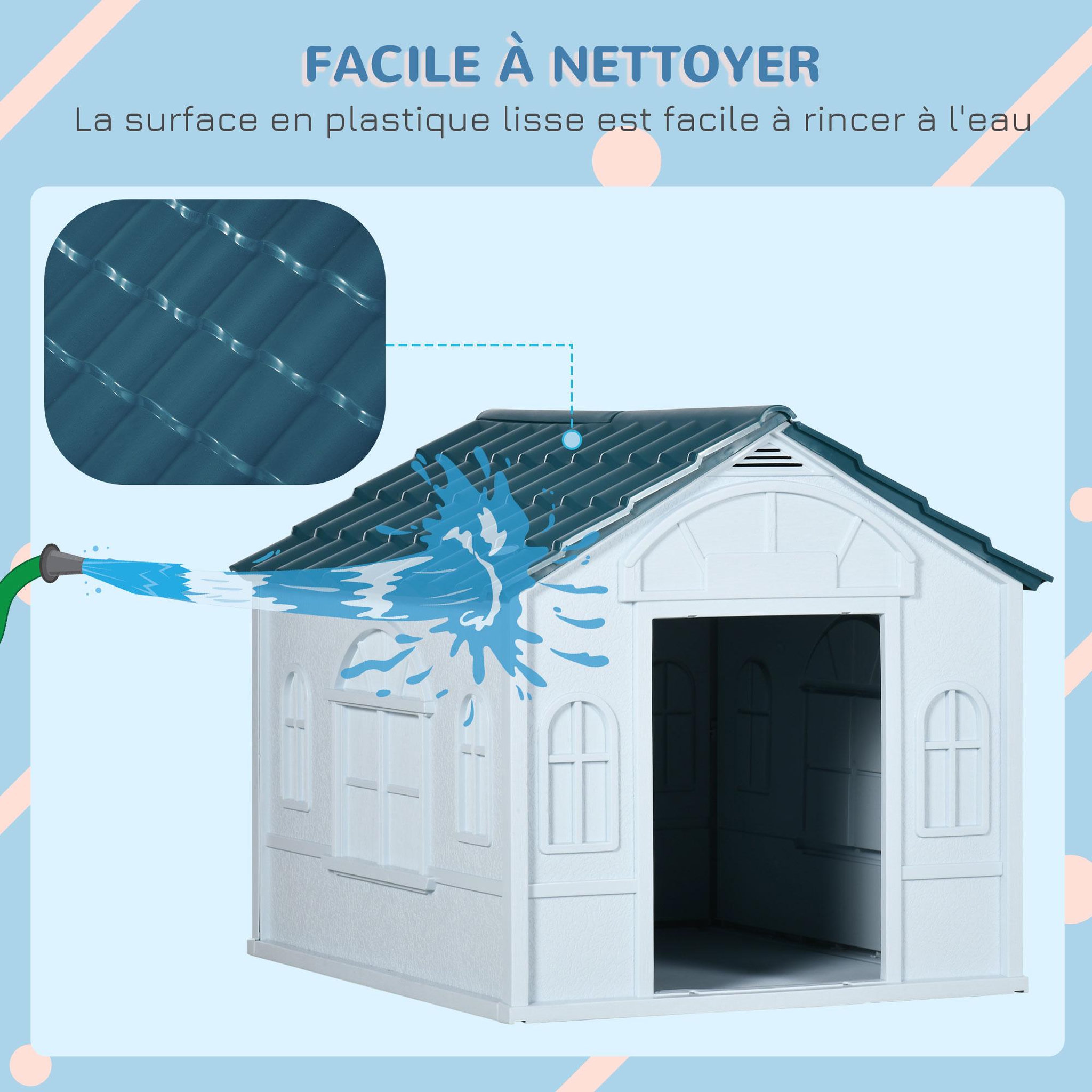 Voir la diapositive 5 : PAWHUT Niche pour chien design maisonnette - dim. 65L x 75l x 63H cm - PP bleu blanc