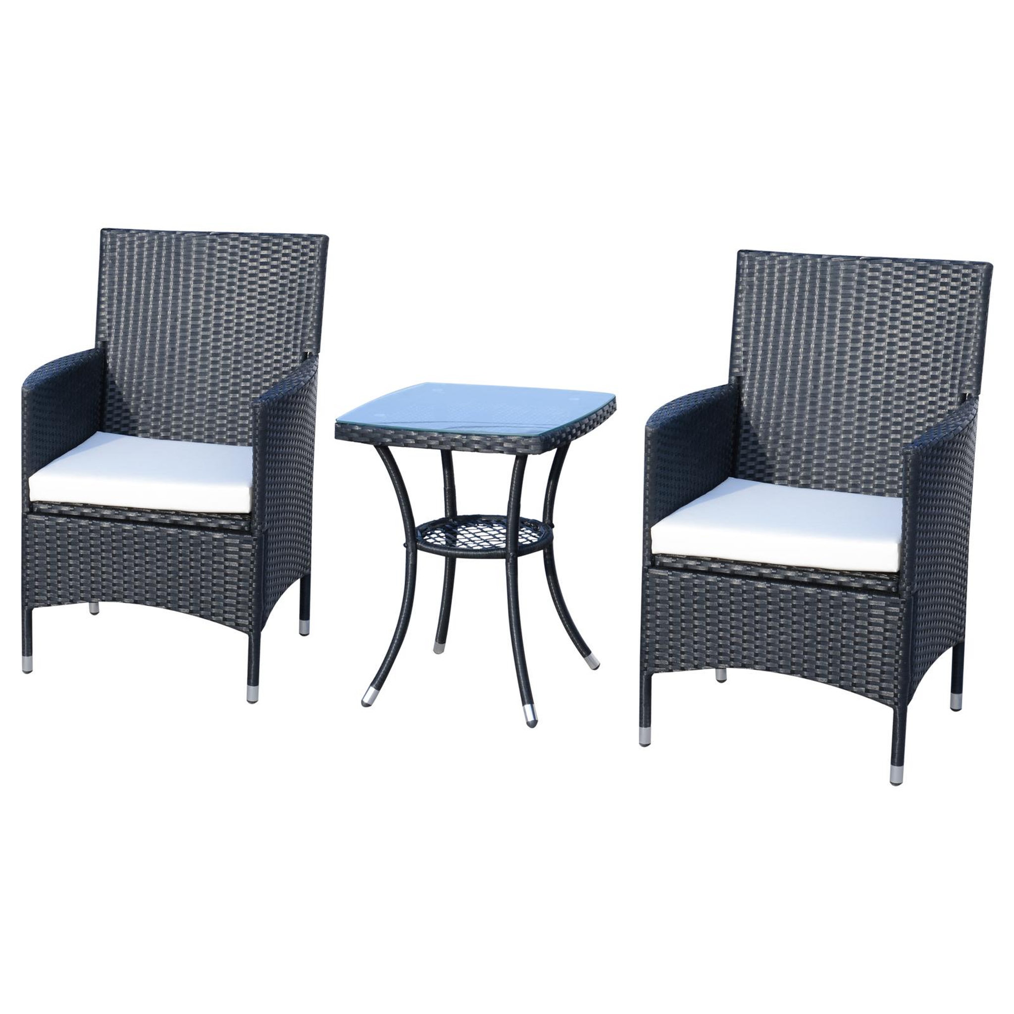 Voir la diapositive 1 : OUTSUNNY Ensemble salon de jardin 2 places : 2 fauteuils et table basse plateau verre trempé résine tressée 4 fils imitation rotin avec coussins noir