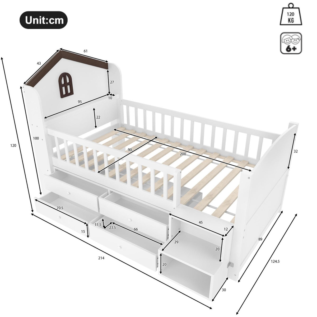 MERAX Lit enfant mi hauteur 90x200cm coloris blanc led pin