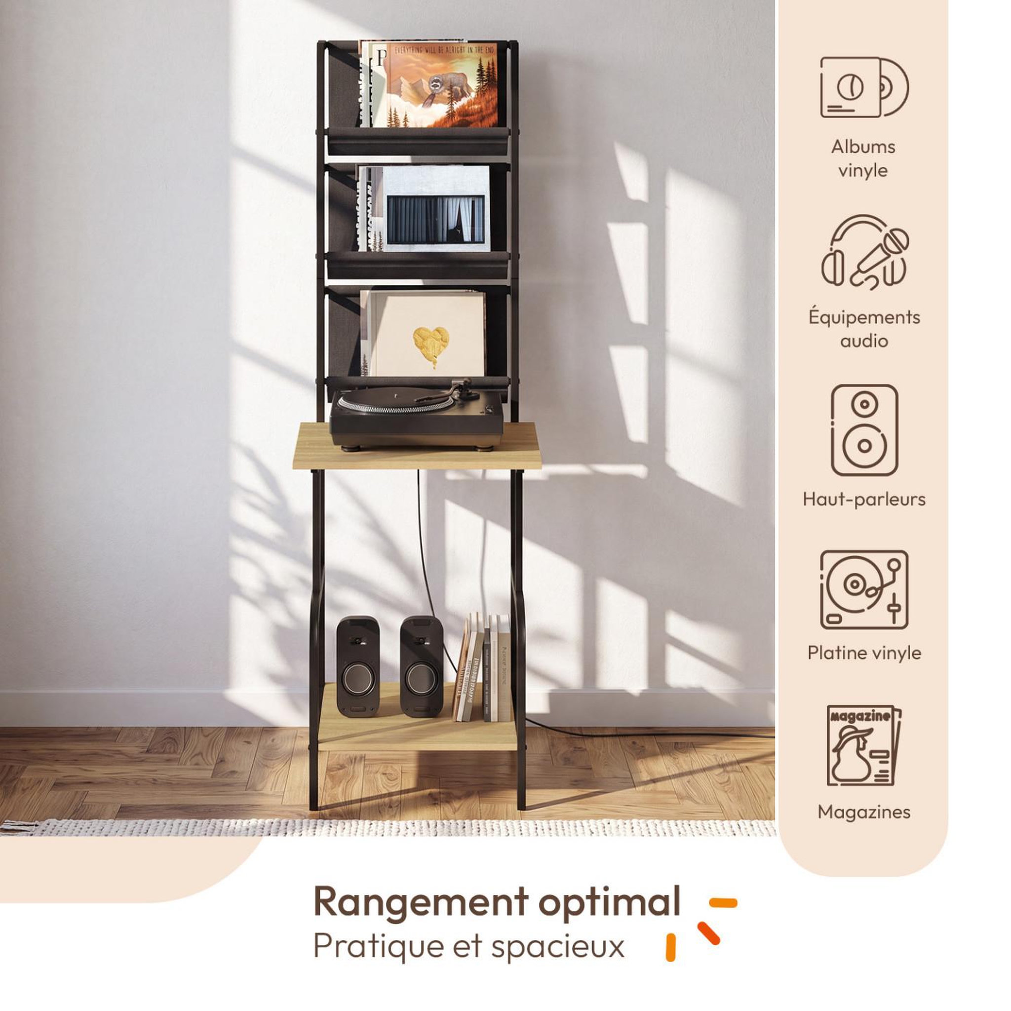 Voir la diapositive 5 : ID MARKET Meuble d'appoint haut, rangement avec étagères, supports vinyles et platine H. 150 cm NEVIL design industriel