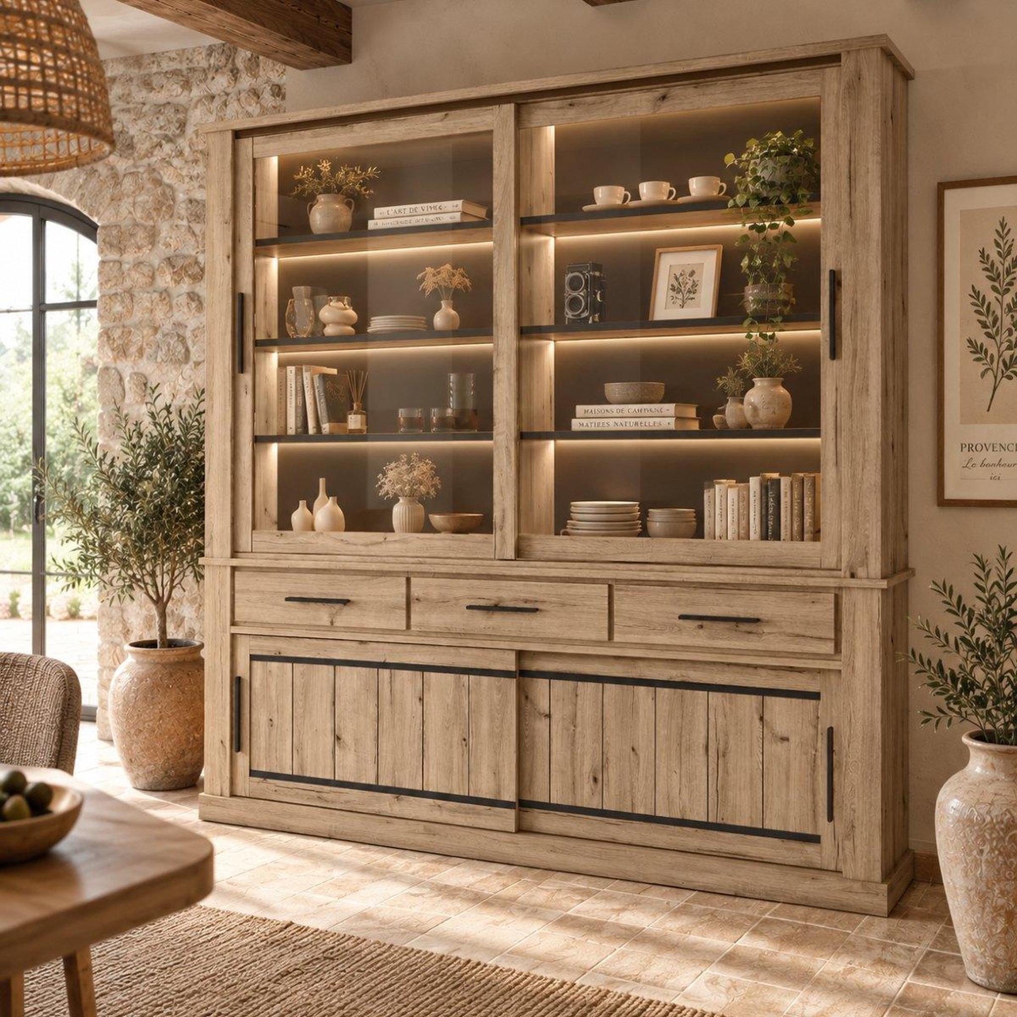Voir la diapositive 2 : JLC KREATION Vaisselier vitré en bois avec portes coulissantes kamelia