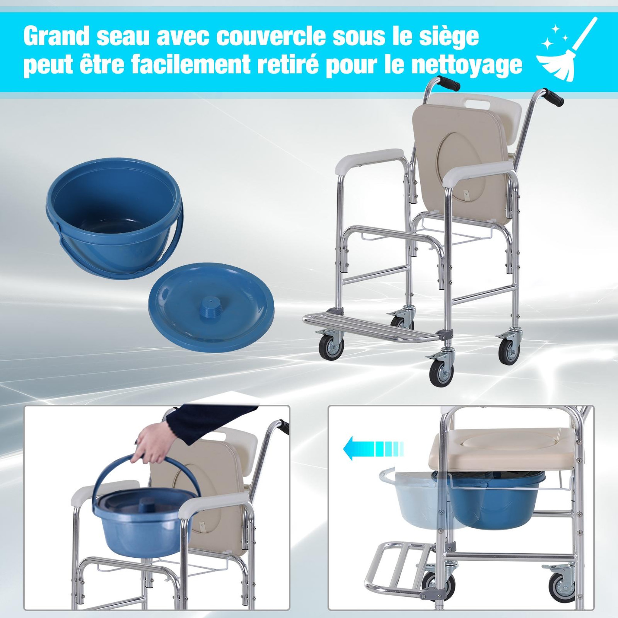 Voir la diapositive 5 : HOMCOM HOMCOM Chaise percée à roulettes - fauteuil roulant percé - chaise de douche - seau amovible, accoudoirs, repose-pied - acier chromé HDPE blanc