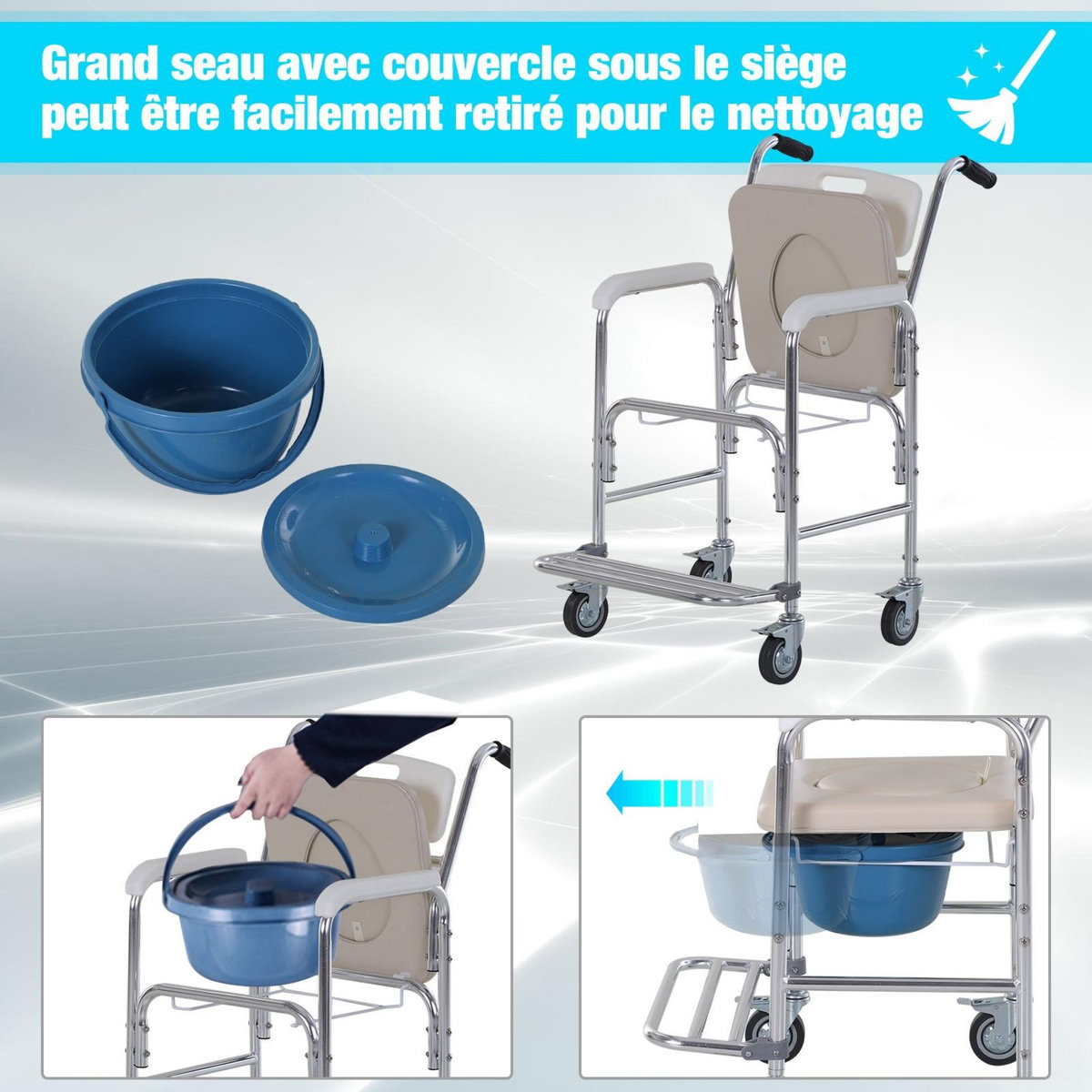 HOMCOM HOMCOM Chaise percée à roulettes - fauteuil roulant percé - chaise de douche - seau amovible, accoudoirs, repose-pied - acier chromé HDPE blanc