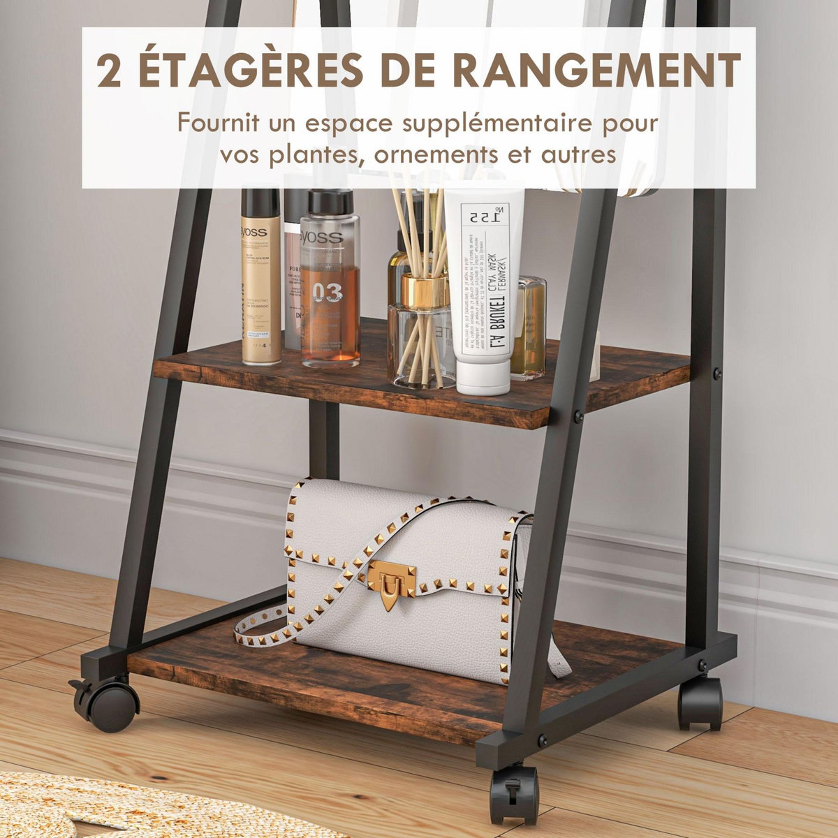 HOMCOM Miroir sur pied rectangulaire avec roulettes angle réglable 2 étagères dim. 42L x 37l x 155H cm verre bois rustique noir