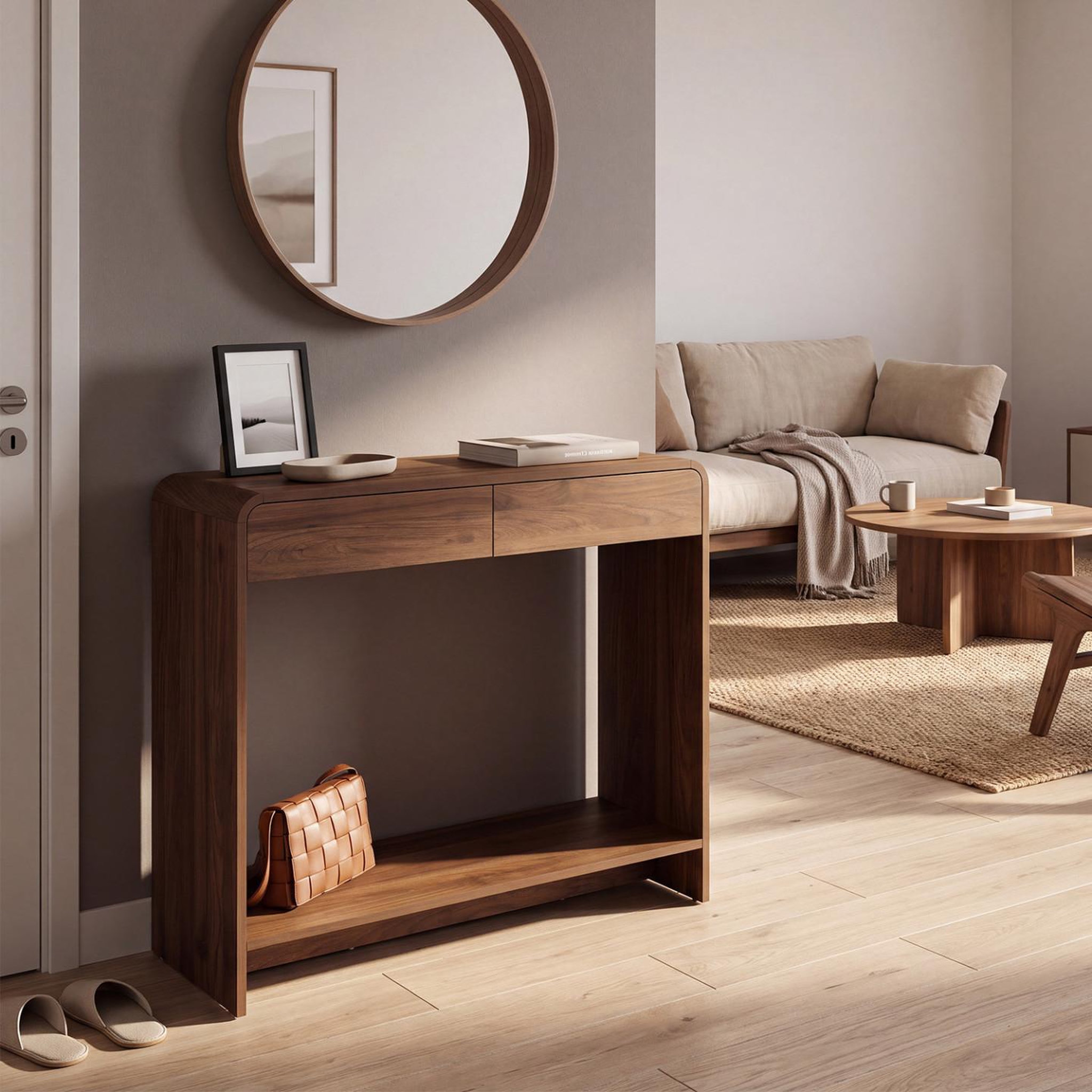 Voir la diapositive 5 : ID MARKET Console 2 tiroirs CAPUCINE effet noyer design arrondi