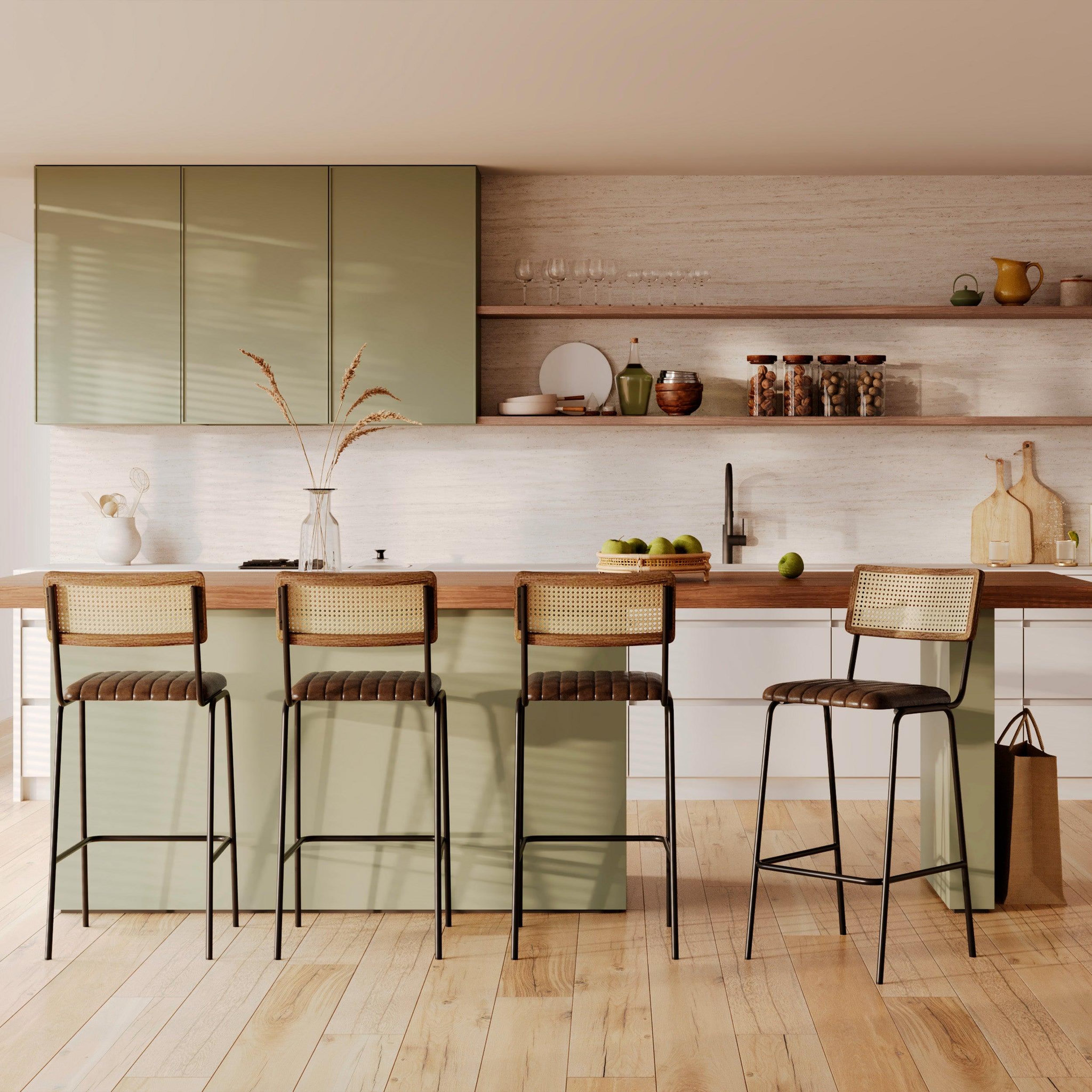 Voir la diapositive 6 : MAISON PAVANE Lot de 2 chaises de bar 76 cm en cannage et cuir marron-arsène