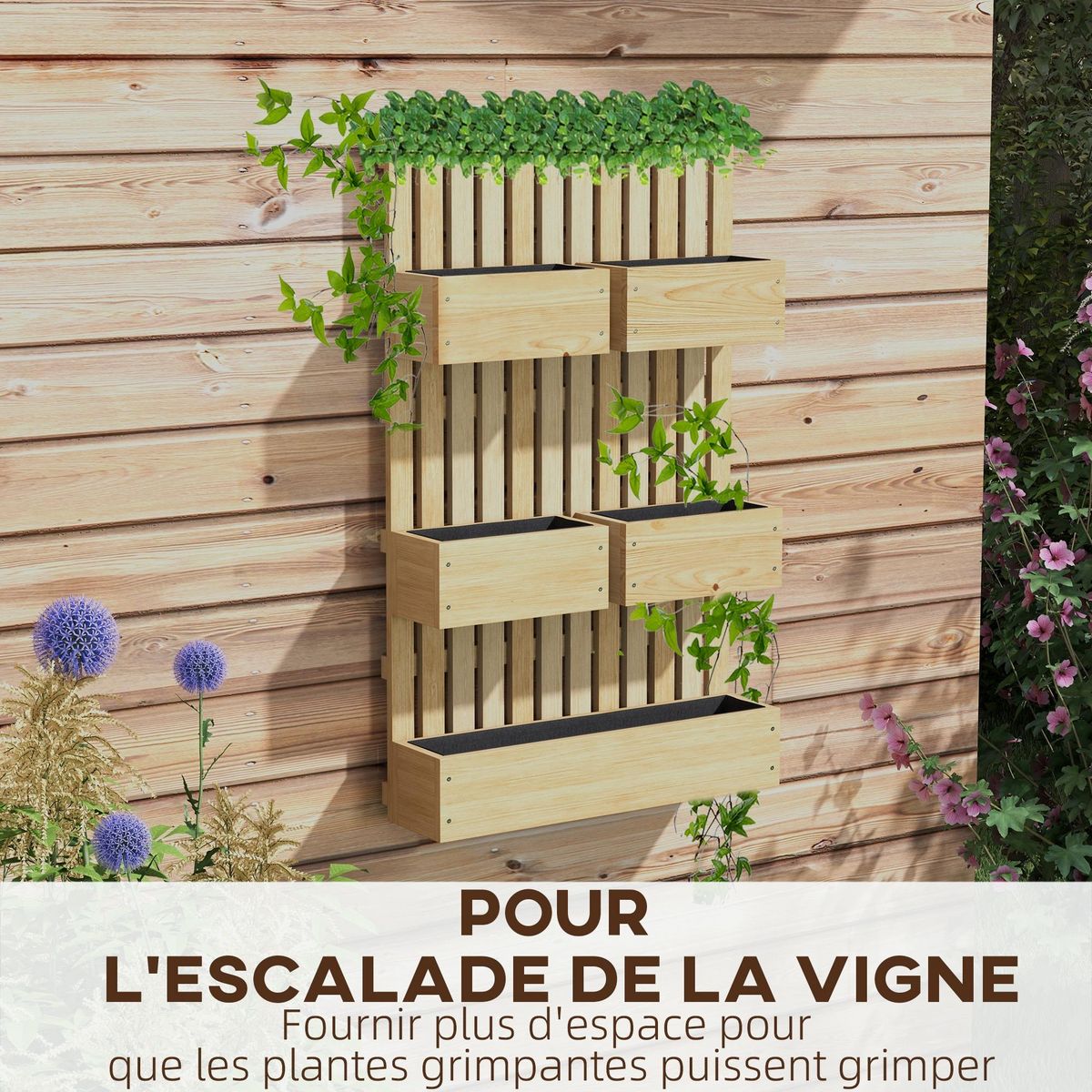 OUTSUNNY Jardinière murale potager avec 5 bacs amovibles ajustables - dim. 60L x 16l x 100H cm - bois sapin verni