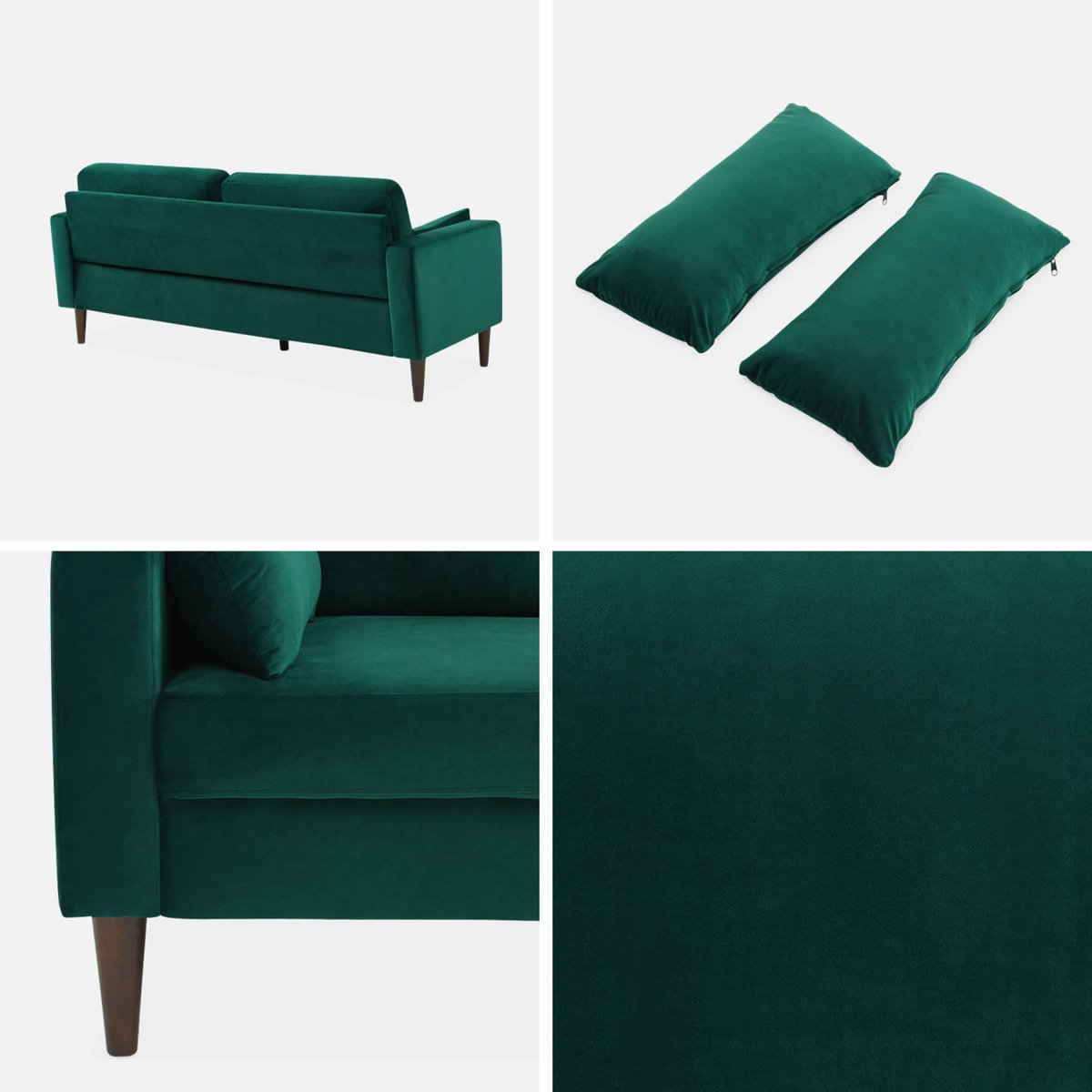 SWEEEK Canapé en velours vert anglais - Bjorn - Canapé 3 places fixe droit pieds bois d'hévéa effet bois de noyer