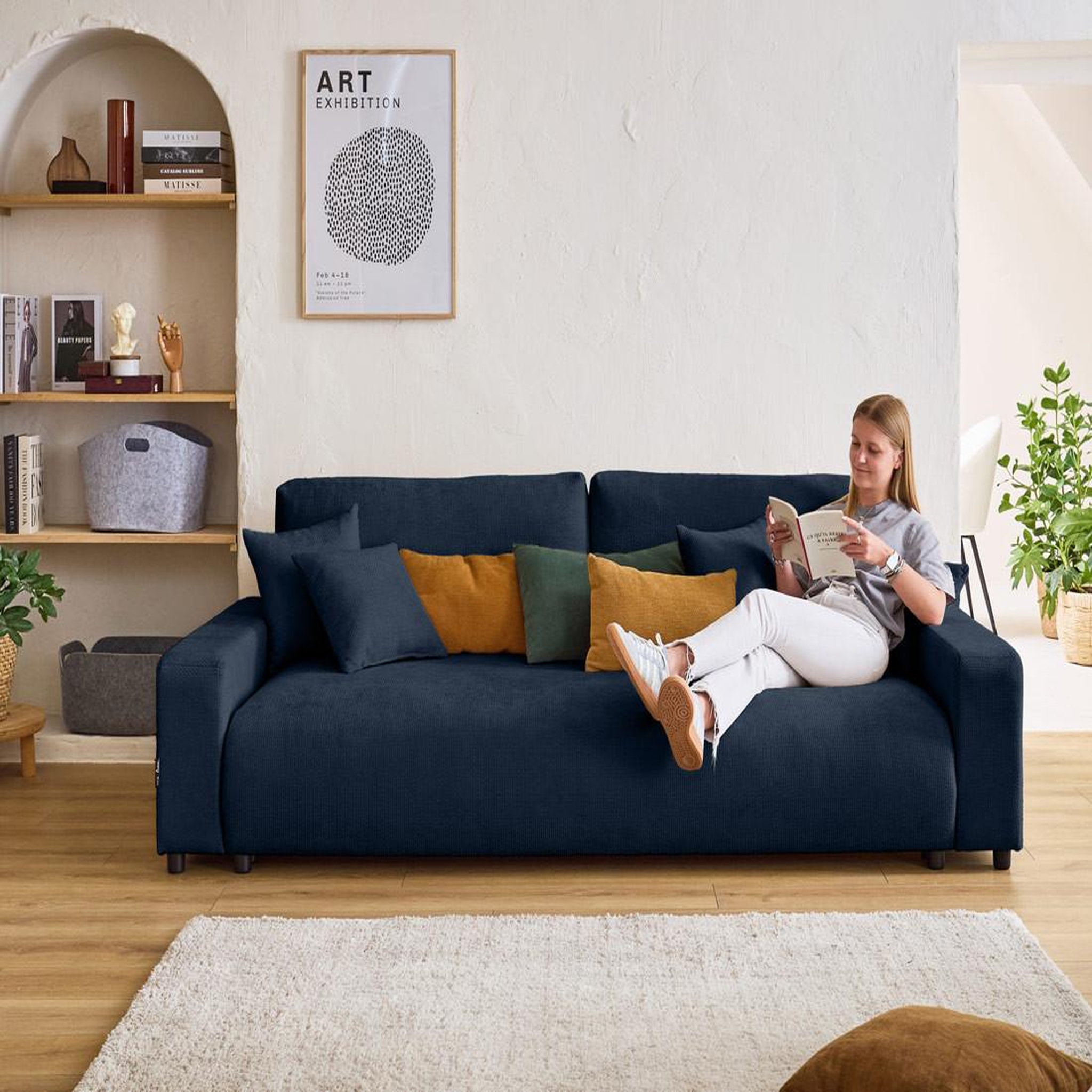 Voir la diapositive 4 : BEST MOBILIER Pivoine - canapé droit 3 places - convertible avec coffre - en velours texturé