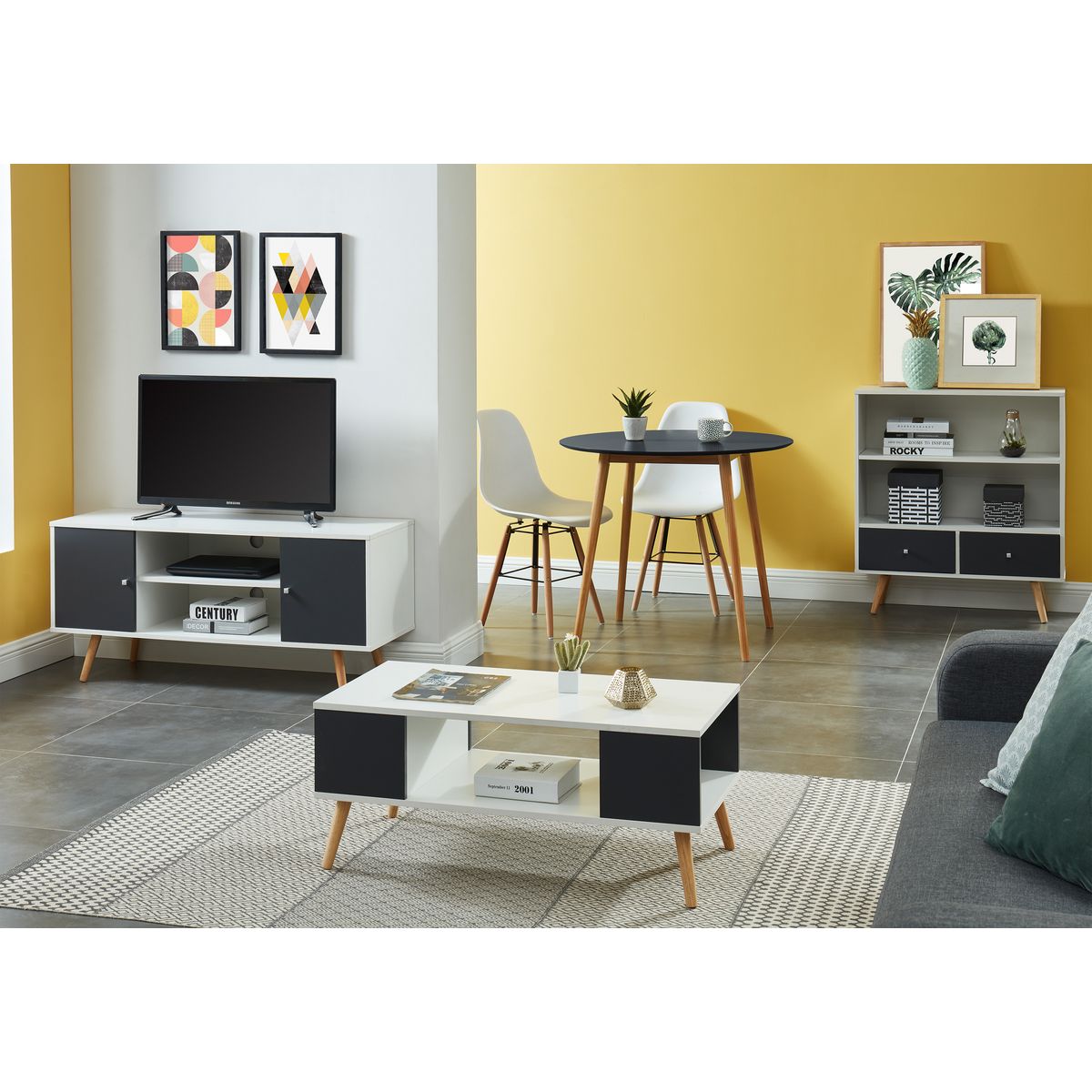 Table basse 3 niches  pieds bois massif L90cm MALMO