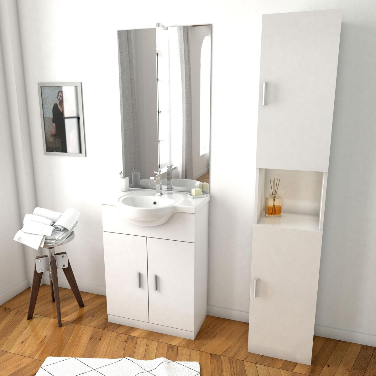 Aurlane Ensemble de salle de bain blanc 60cm + vasque en céramique blanche + miroir LED + colonne 2 portes