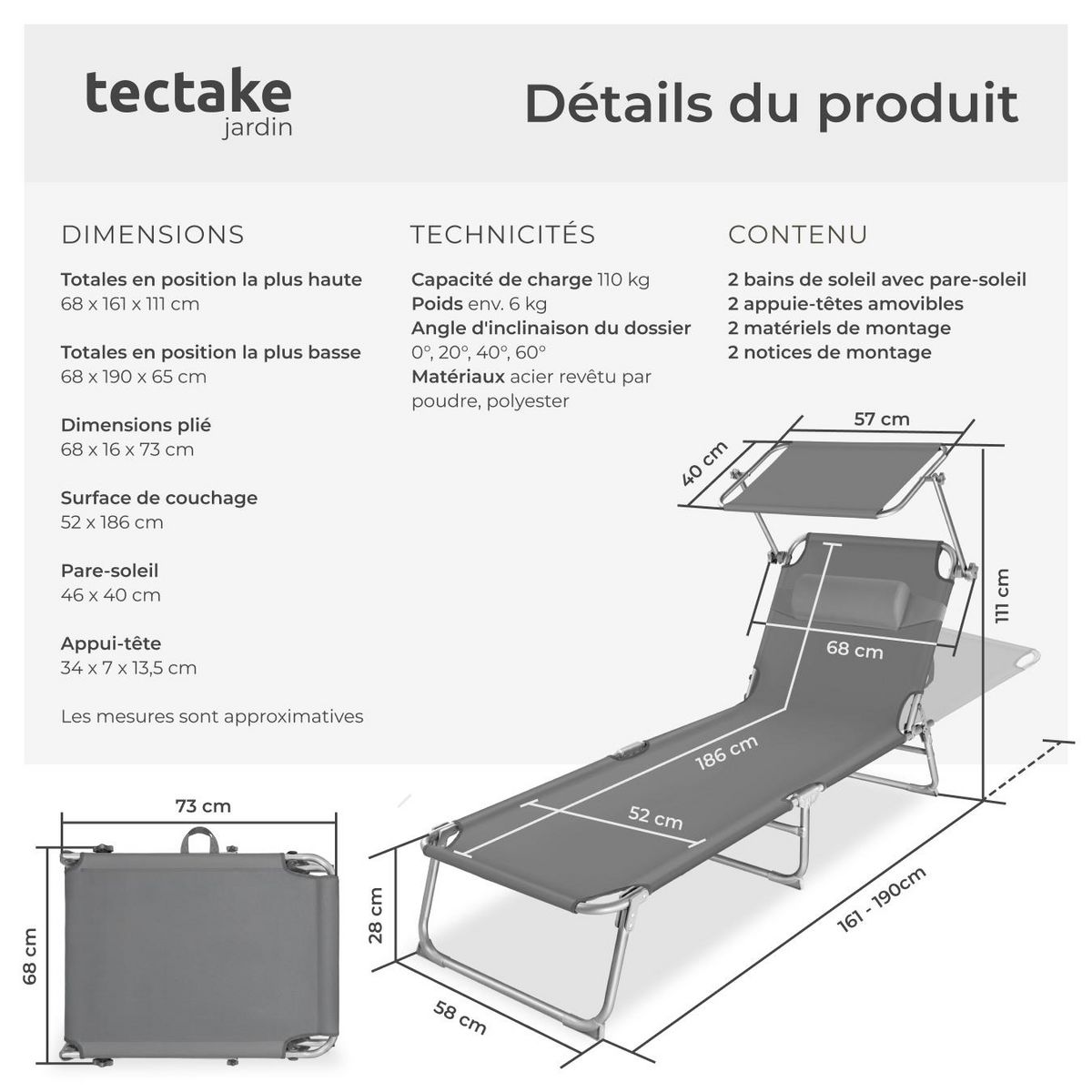 tectake Lot de 2 transats de jardin en acier pliable gris