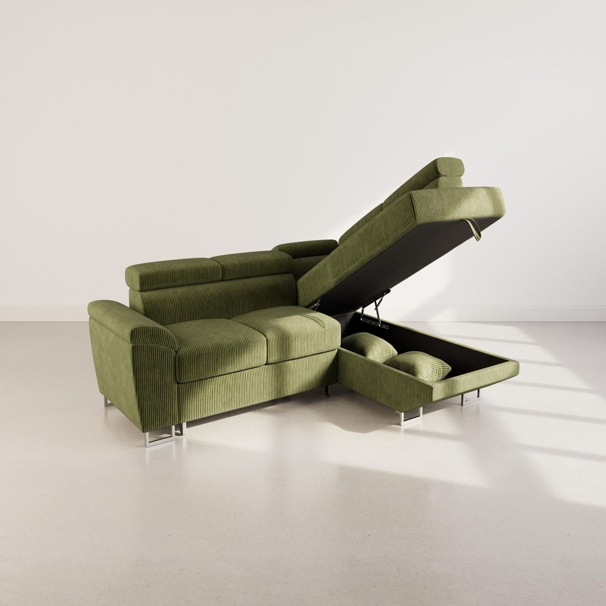 BEST MOBILIER Baoji - canapé d'angle droit 5 places convertible avec têtières et coffre en velours côtelé