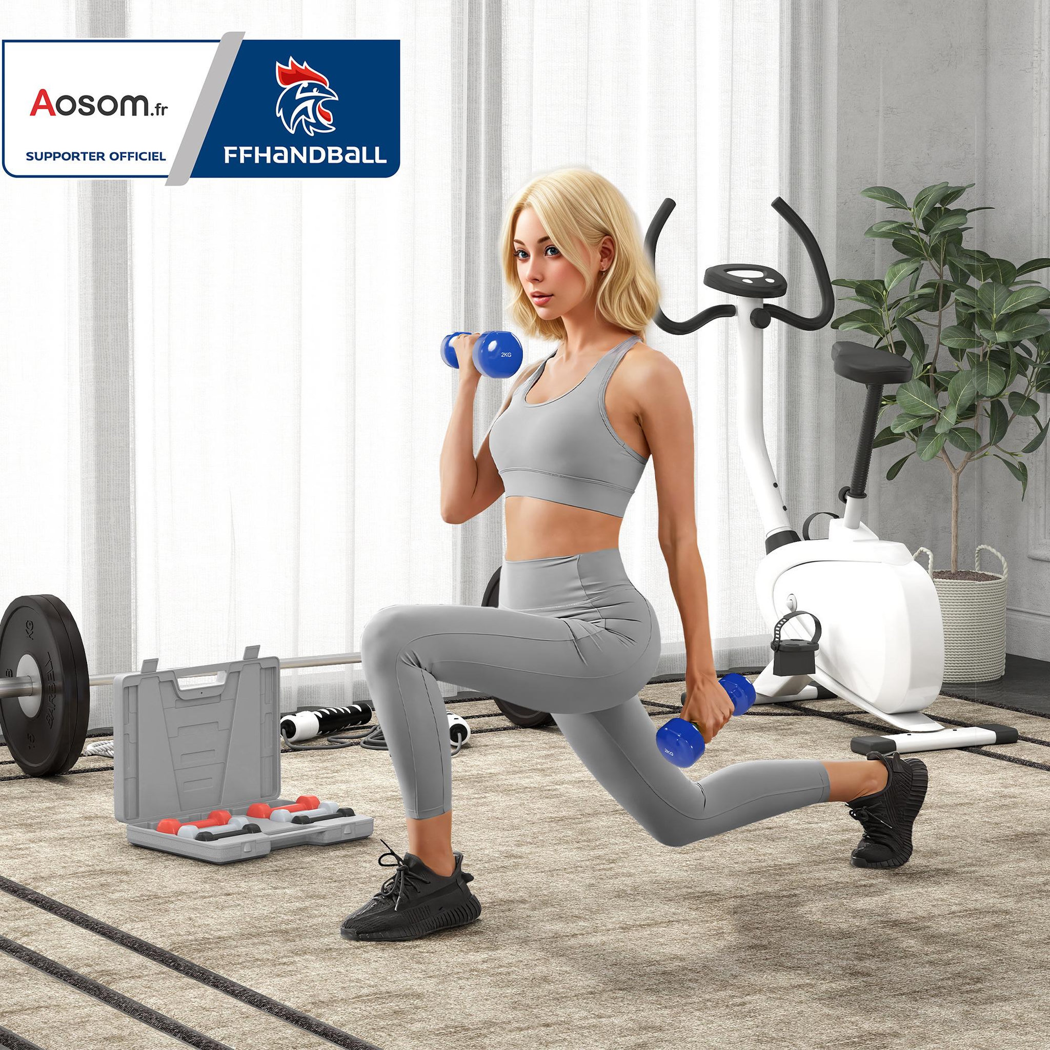 Voir la diapositive 2 : HOMCOM Ensemble d'haltères courtes total 10 Kg - collaboration Aosom.fr x FFHandball - paires de 0,5/1/1,5/2 Kg avec malette - métal PU multicolore