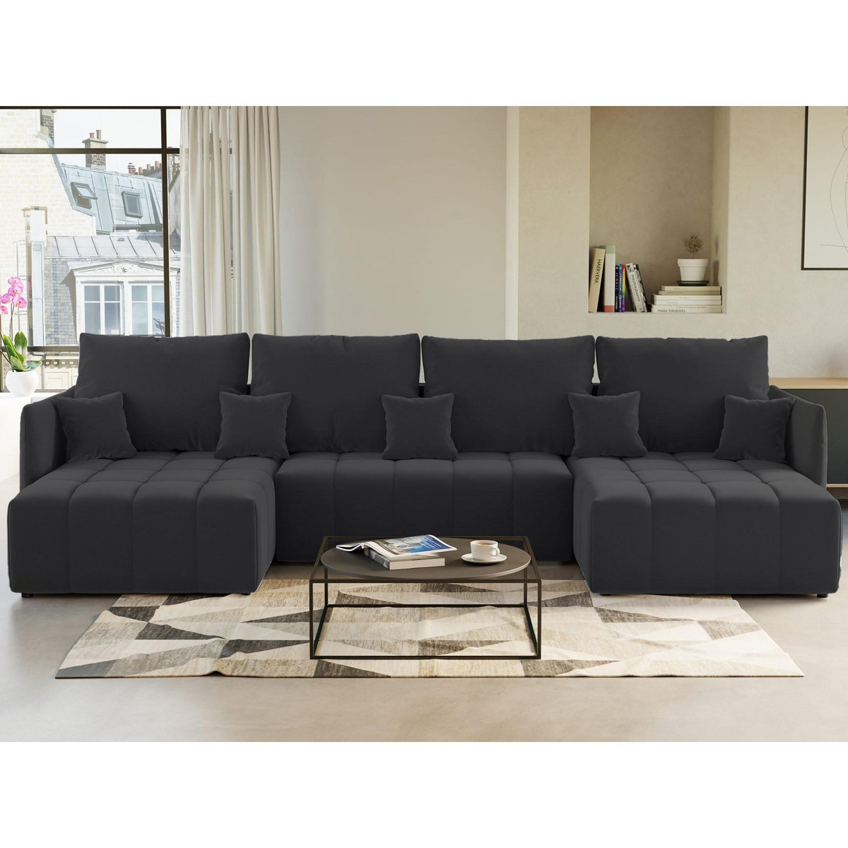 BEST MOBILIER Petra - canapé panoramique en u - 7 places - convertible - avec coffre - en velours