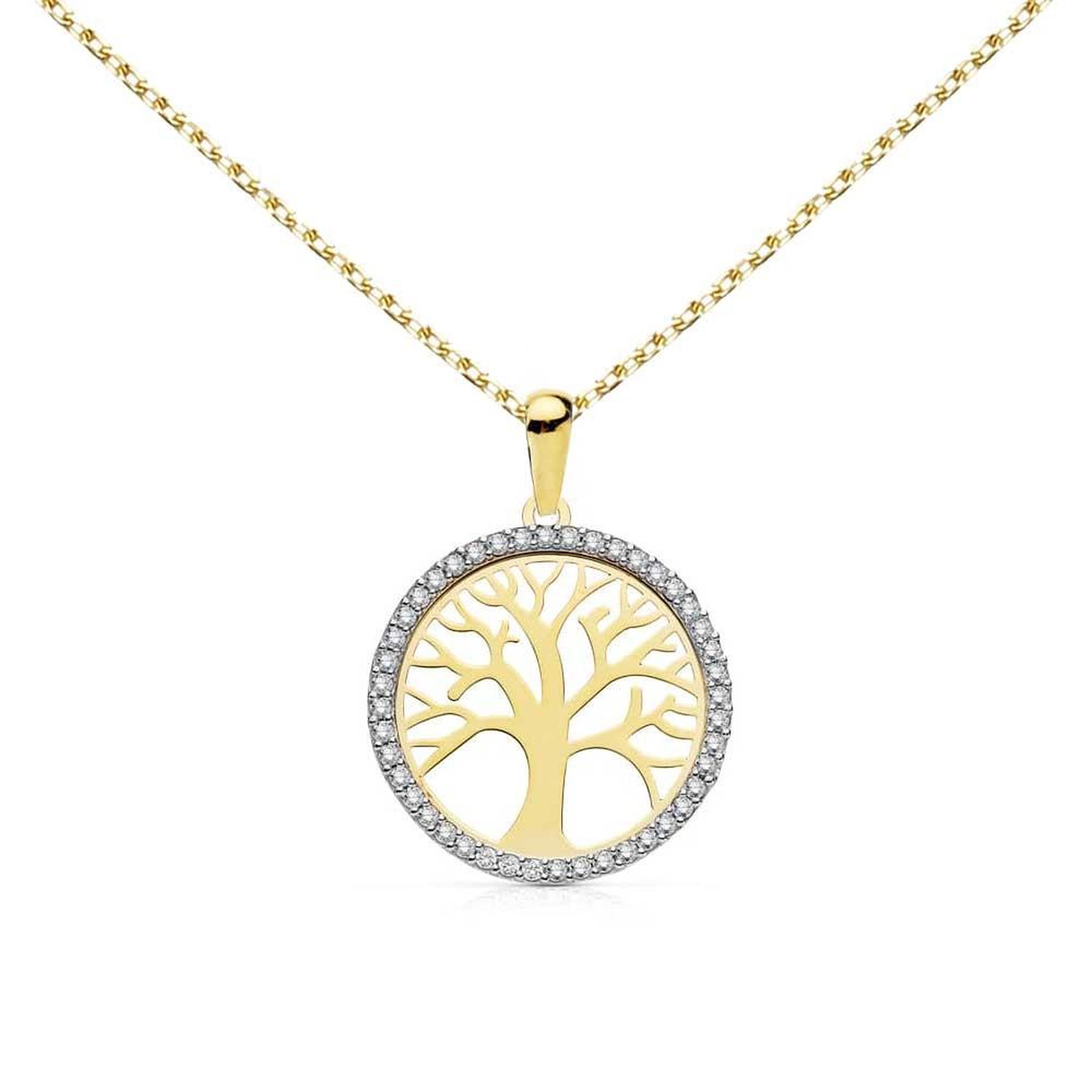 L'ATELIER D'AZUR Collier - Pendentif Or 18 Carats 750/000 Jaune - Arbre de Vie Serti de Zirconiums - Chaine Dorée