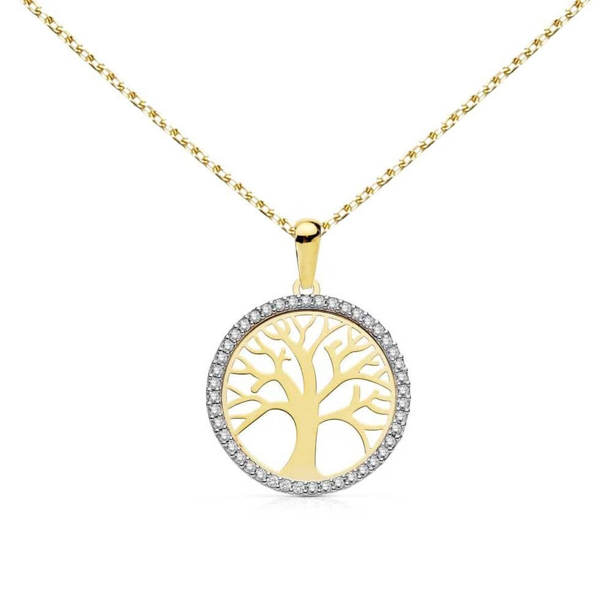 L'ATELIER D'AZUR Collier - Pendentif Or 18 Carats 750/000 Jaune - Arbre de Vie Serti de Zirconiums - Chaine Dorée