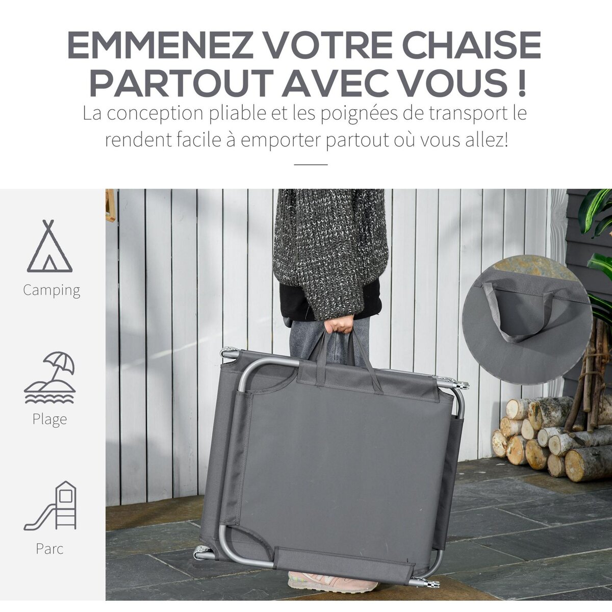 OUTSUNNY Bain de soleil transat pliable dossier réglable multipositions métal et polyester gris