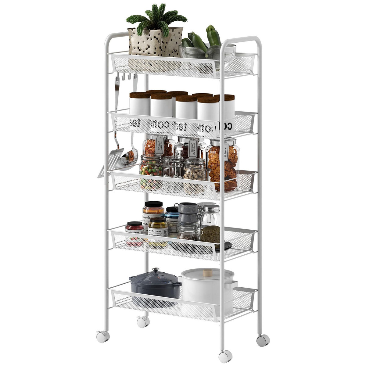 HOMCOM Chariot de service desserte de cuisine à roulettes 5 paniers métalliques amovibles 4 crochets acier