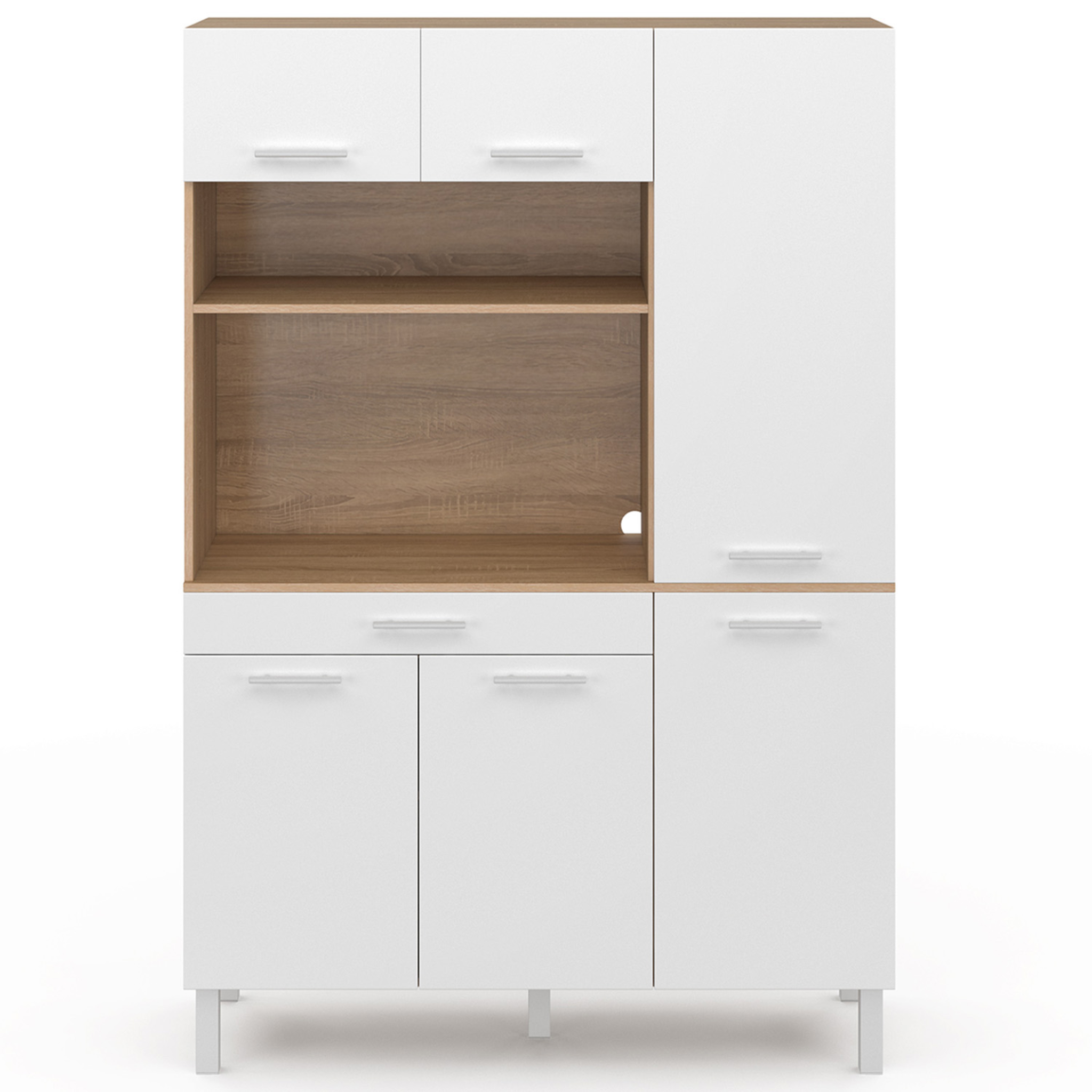 Voir la diapositive 3 : ID MARKET Buffet de cuisine avec colonne de rangement 120 cm cina 6 portes + tiroir façon hêtre et blanc