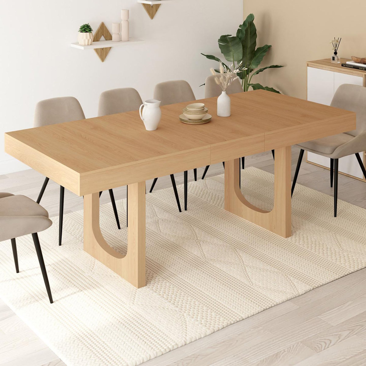 ID MARKET Table à manger extensible rectangle ALOISE 4-8 personnes pied arc bois effet hêtre 160-200 cm