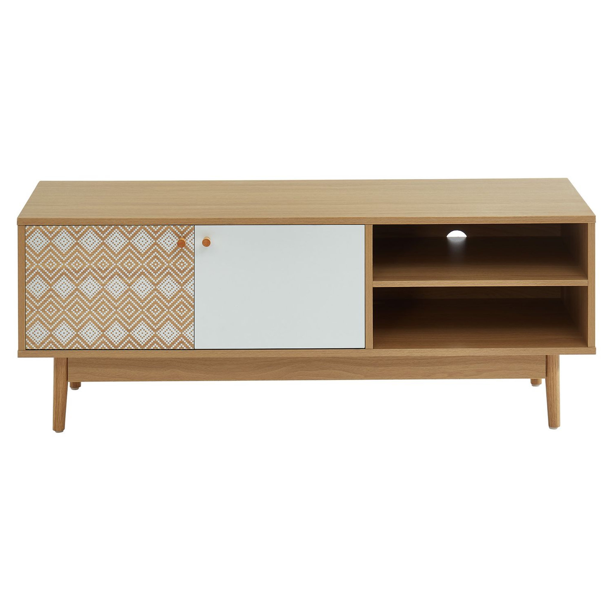 Voir la diapositive 2 : Meuble TV 2 portes 2 niches de rangement coloris blanc et chêne LUCAS