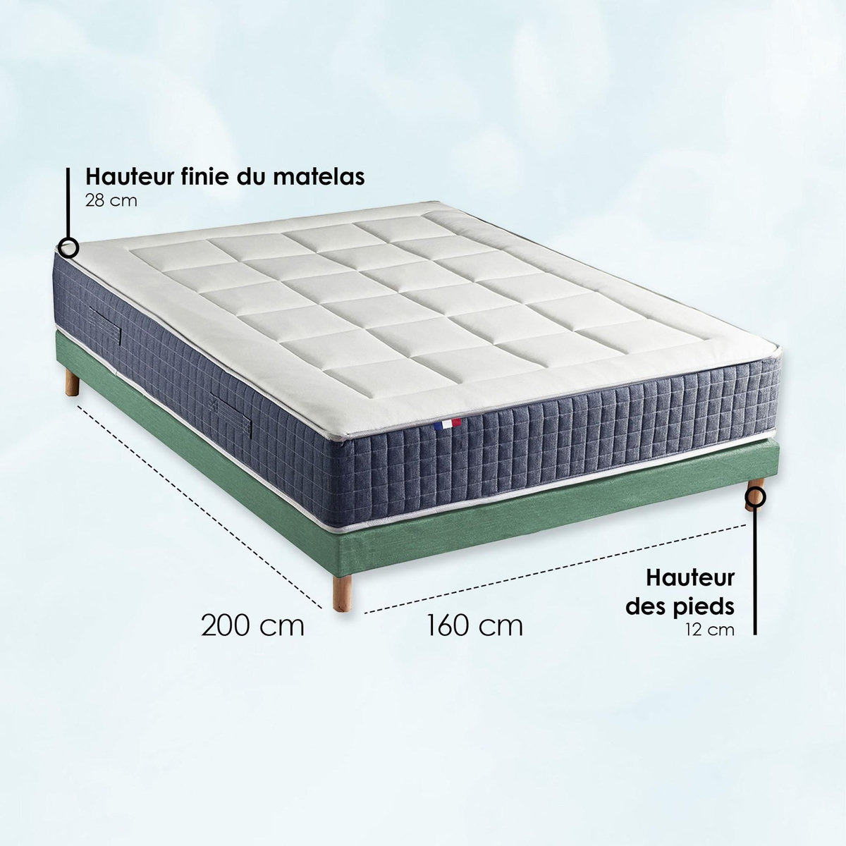 IDLITERIE Ensemble Matelas Ressort 7 zones + Mémoire de forme + Sommier KING STYLE + couette + oreillers - Fabriqué en France