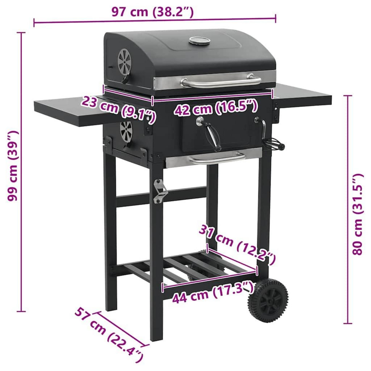 VIDAXL Gril de barbecue au charbon de bois et etagere inferieure Noir
